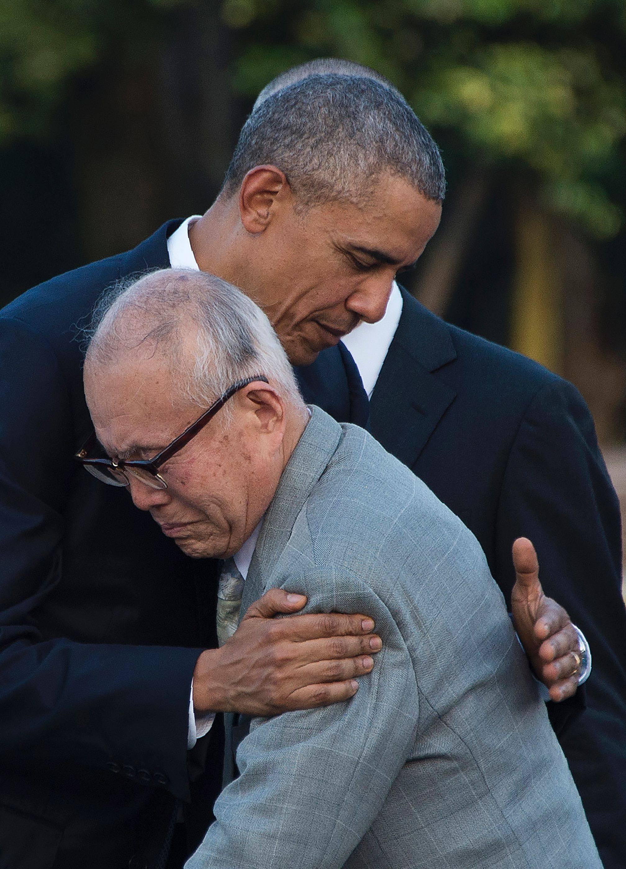Then US president Barack Obama hugs Shigeaki Mori, a survivor of the 1945 atomic bombing of Hiroshima, during a visit to the Hiroshima Peace Memorial Park in 2016. Photo: AFP