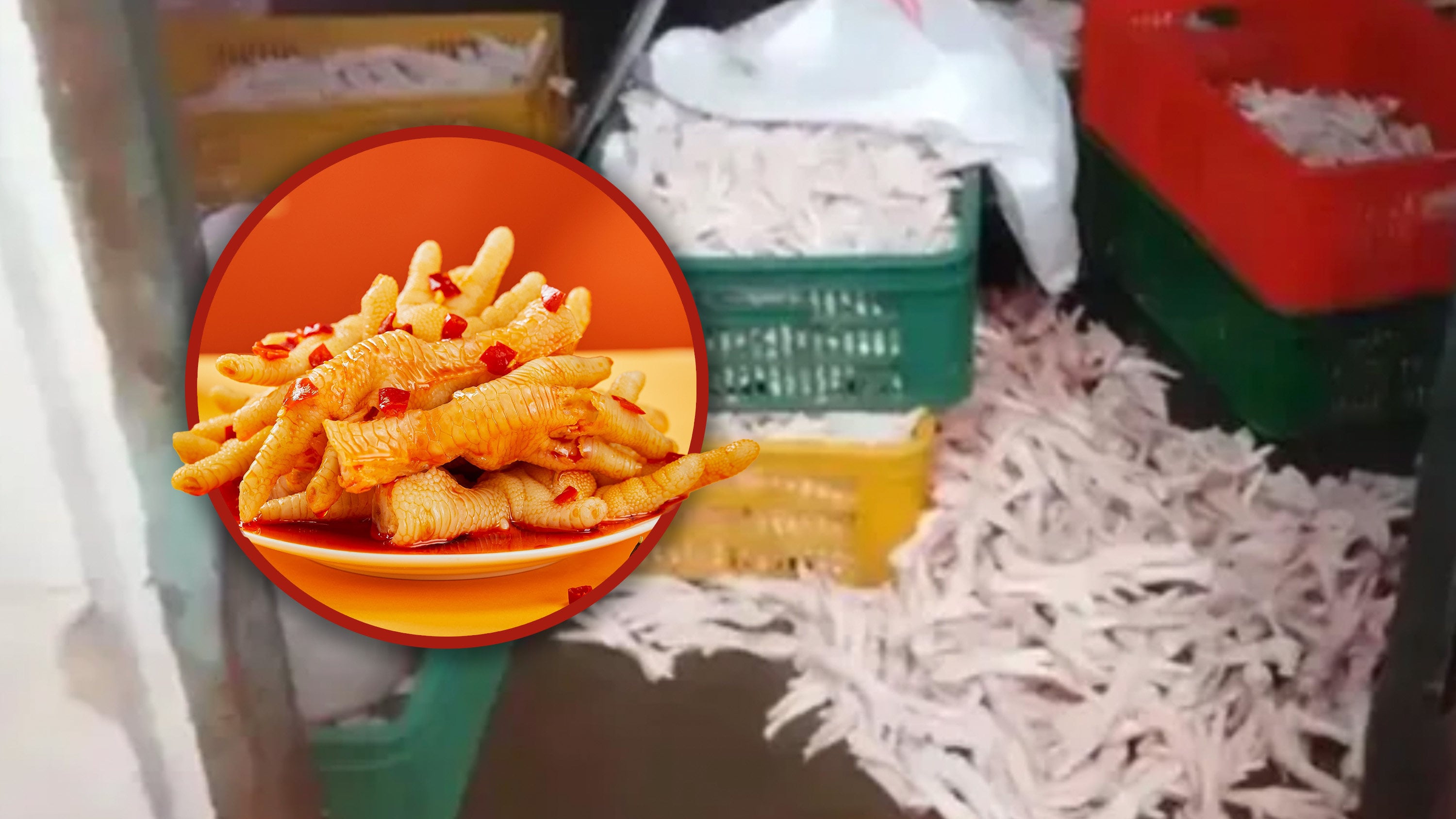 A factory in China has been exposed for soaking chicken feet in hydrogen peroxide to create spicy snacks amid previous food safety scandals that included using smelly insoles in crispy rice production.       Photo: SCMP composite/Shutterstock/CCTV