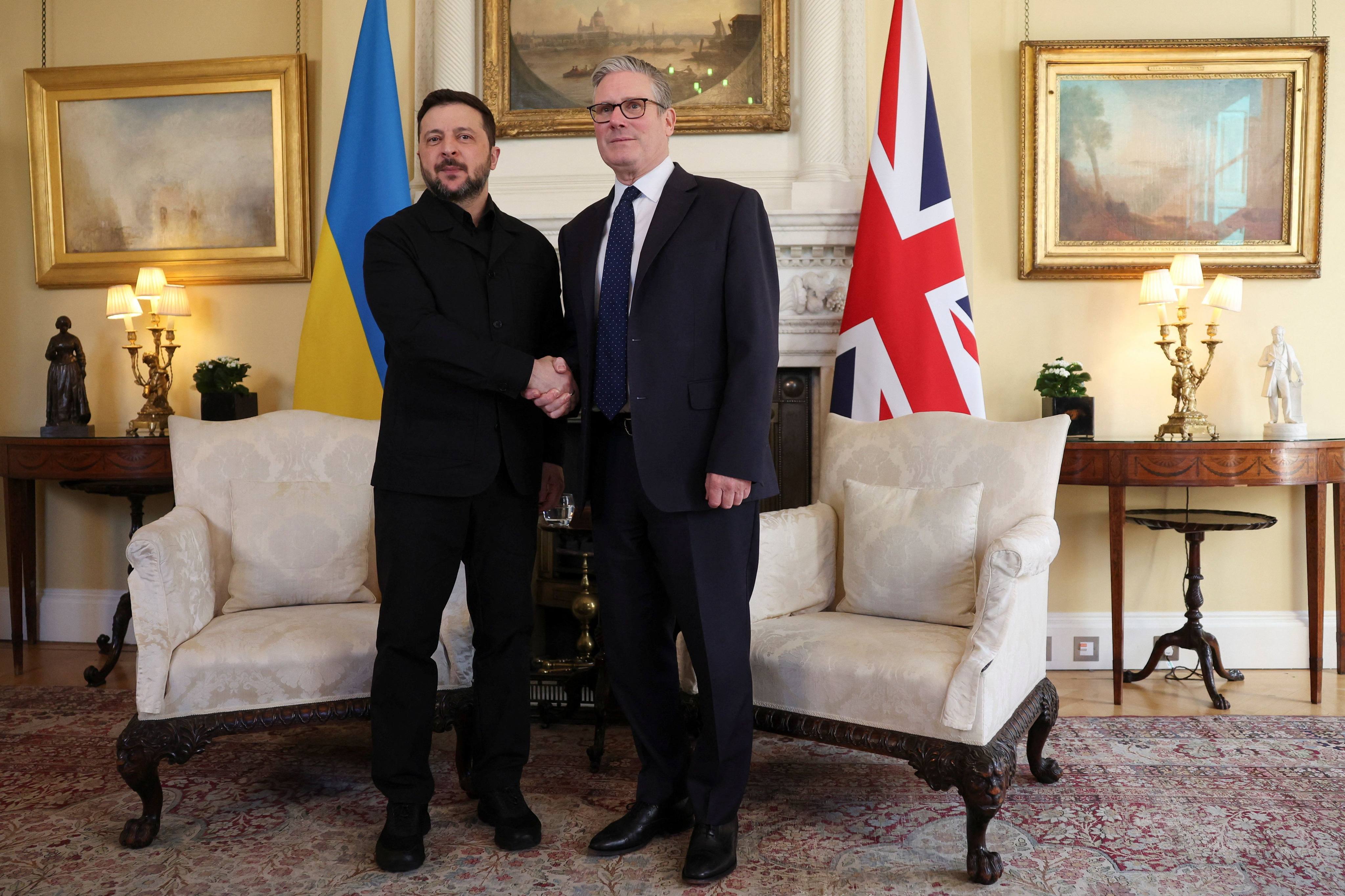 UK Prime Minister Sir Keir Starmer, right, welcomes Ukrainian President Volodymyr Zelensky to 10 Downing Street in London on Tuesday. Photo: PA Wire / dpa