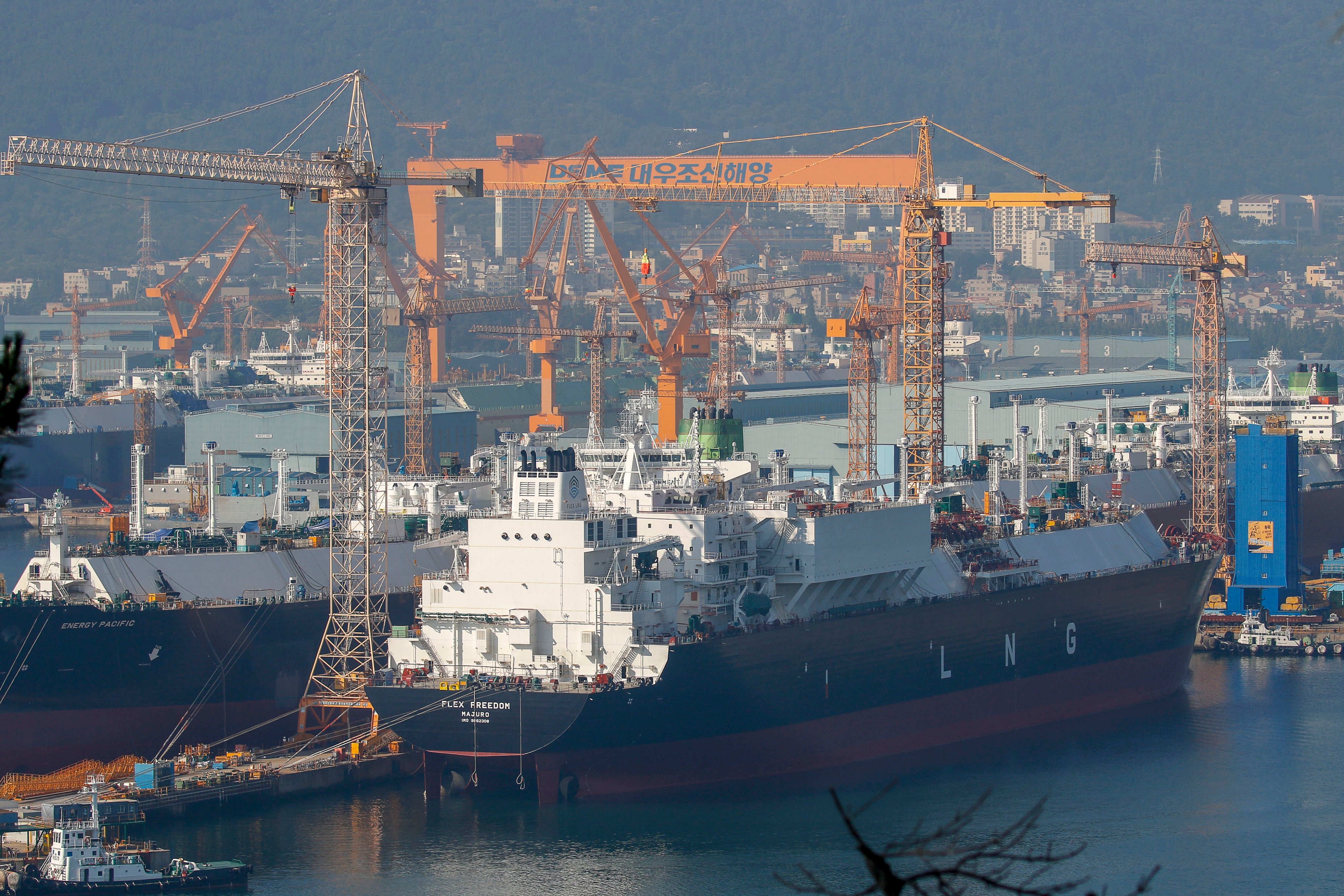 A liquefied natural gas carrier is under construction at a shipyard in Geoje, South Korea. Japan may restart domestic production of LNG carriers, aiming to break into a market dominated by South Korea and China. Photo: Getty Images