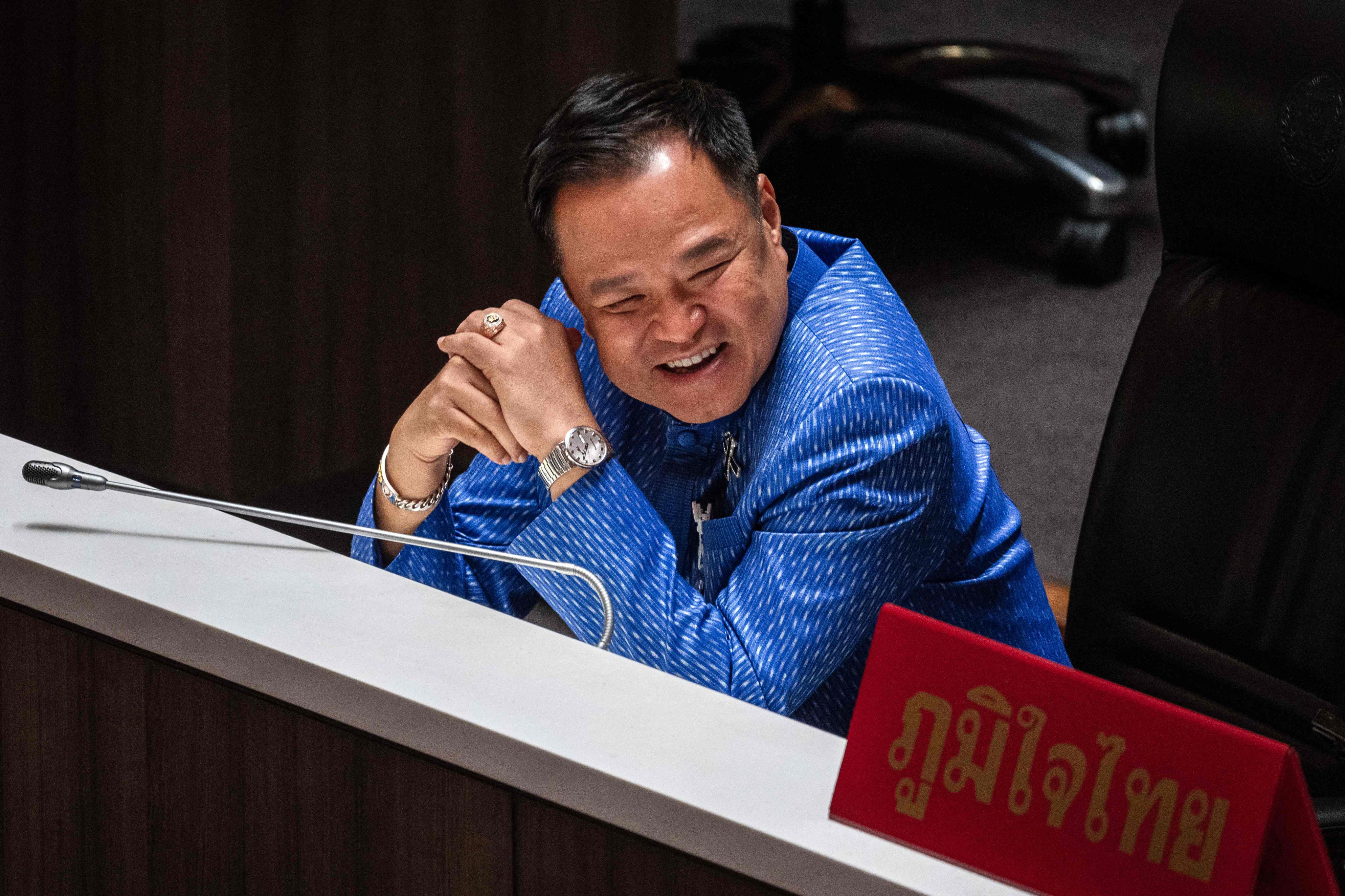 Thai Prime Minister Anutin Charnvirakul reacts at parliament in Bangkok on Thursday. Photo: AFP