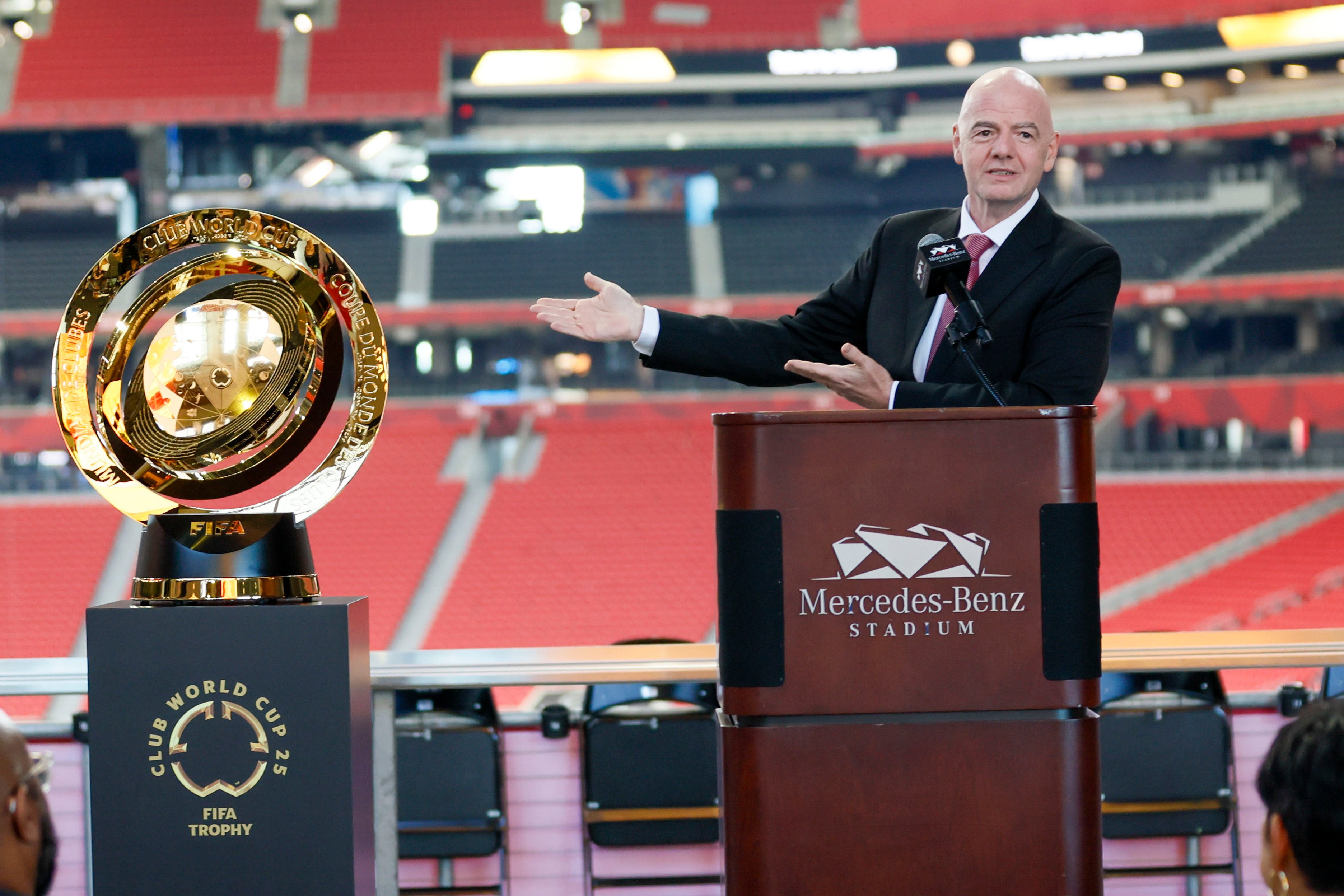 Fifa president Gianni Infantino with the Club World Cup trophy, which was held in Atlanta last year. Photo: AP