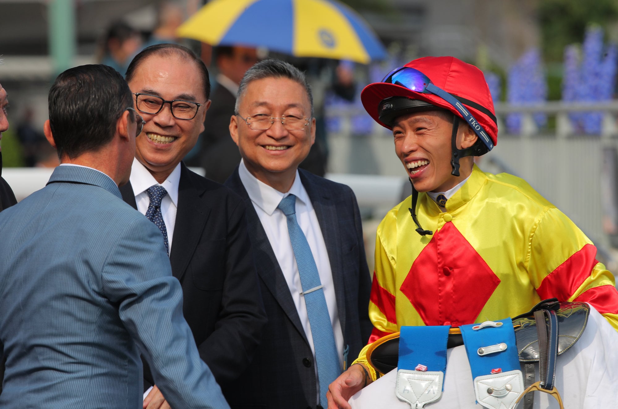 Francis Lui and jockey Vincent Ho celebrate the victory of Hot Delight. Francis Lui and jockey Vincent Ho celebrate the victory of Hot Delight.