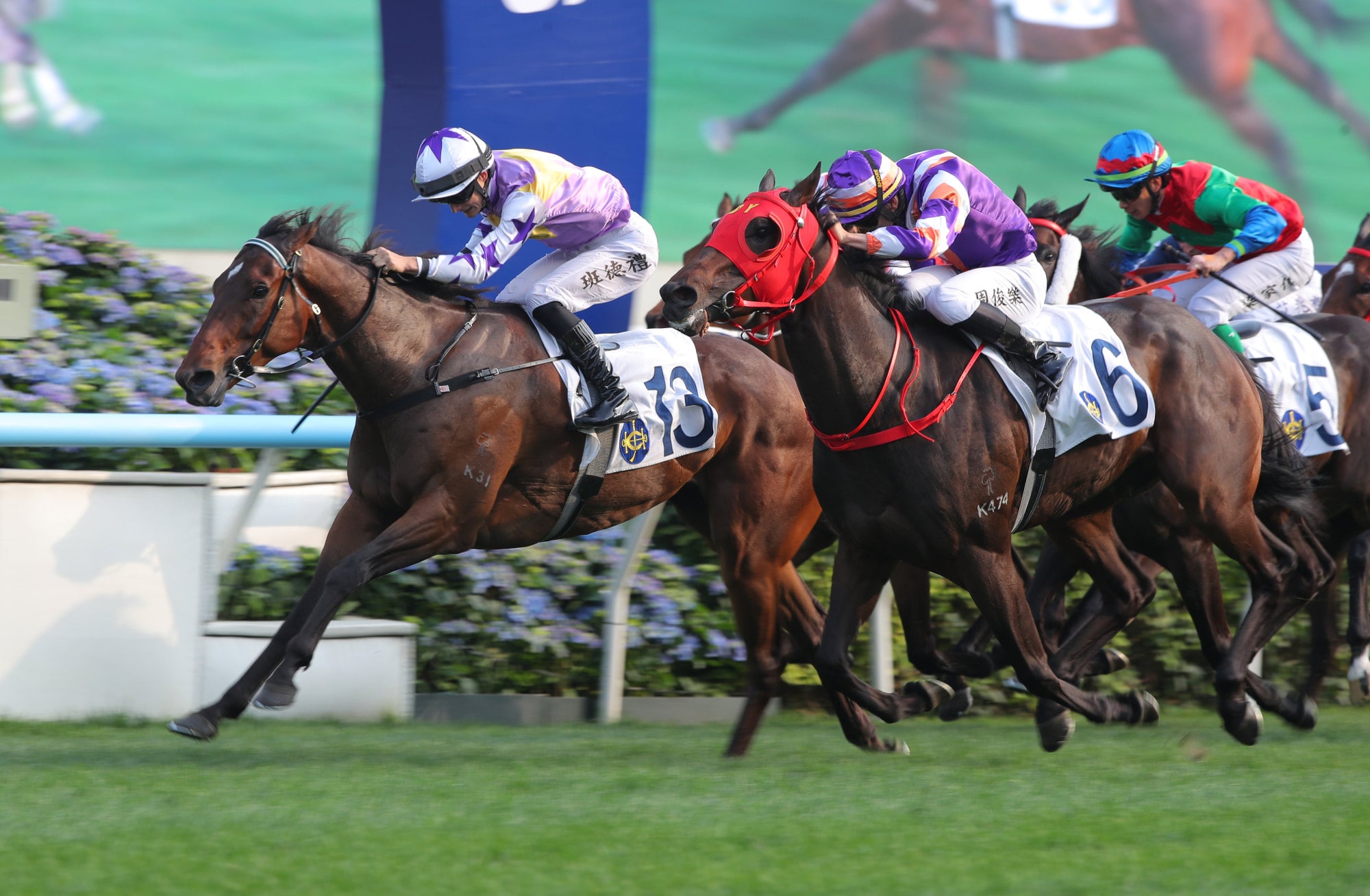 Shamus Storm, ridden by Harry Bentley, salutes at Sha Tin.