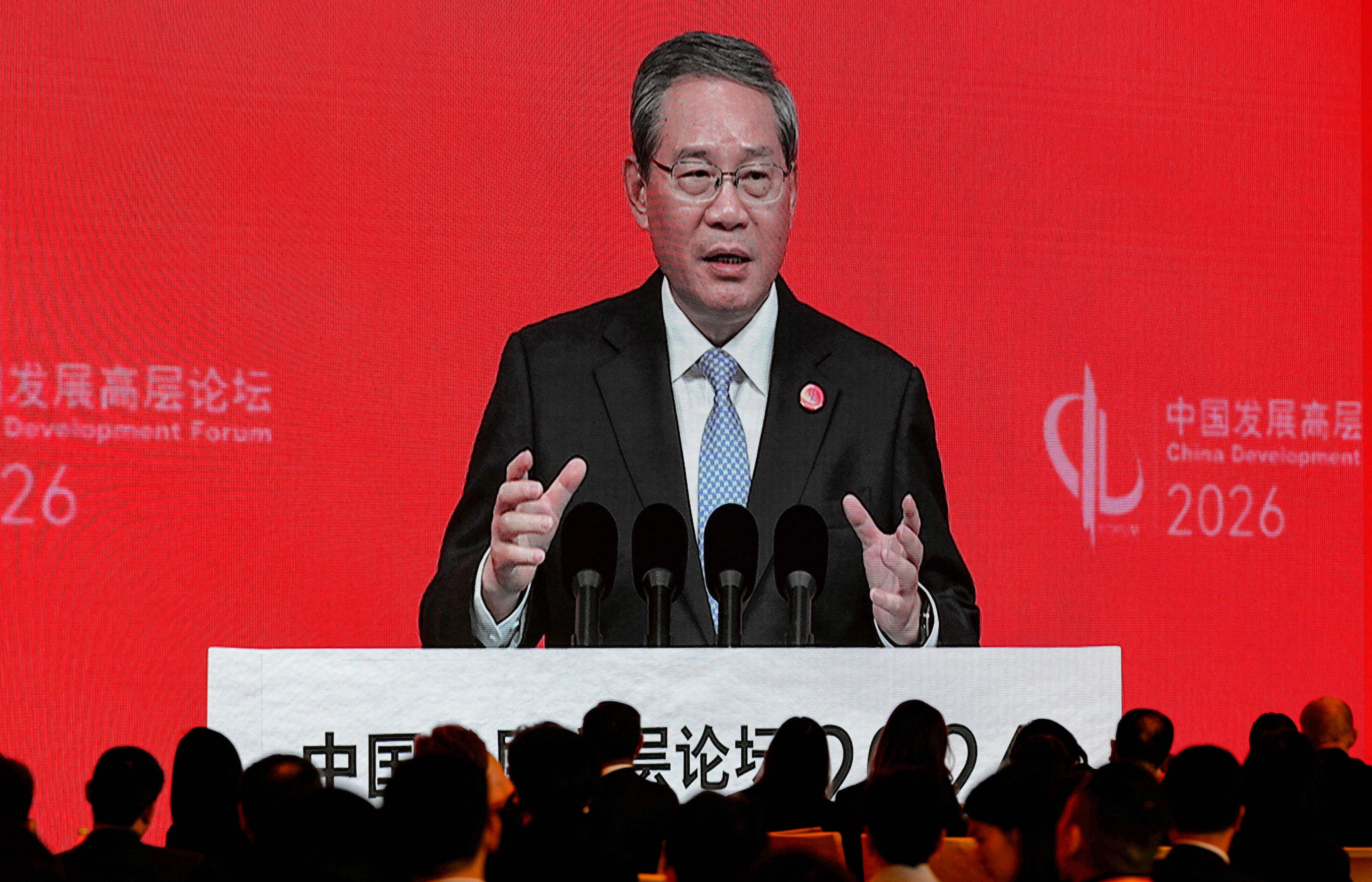 Chinese Premier Li Qiang addresses the China Development Forum. Photo: AP Photo