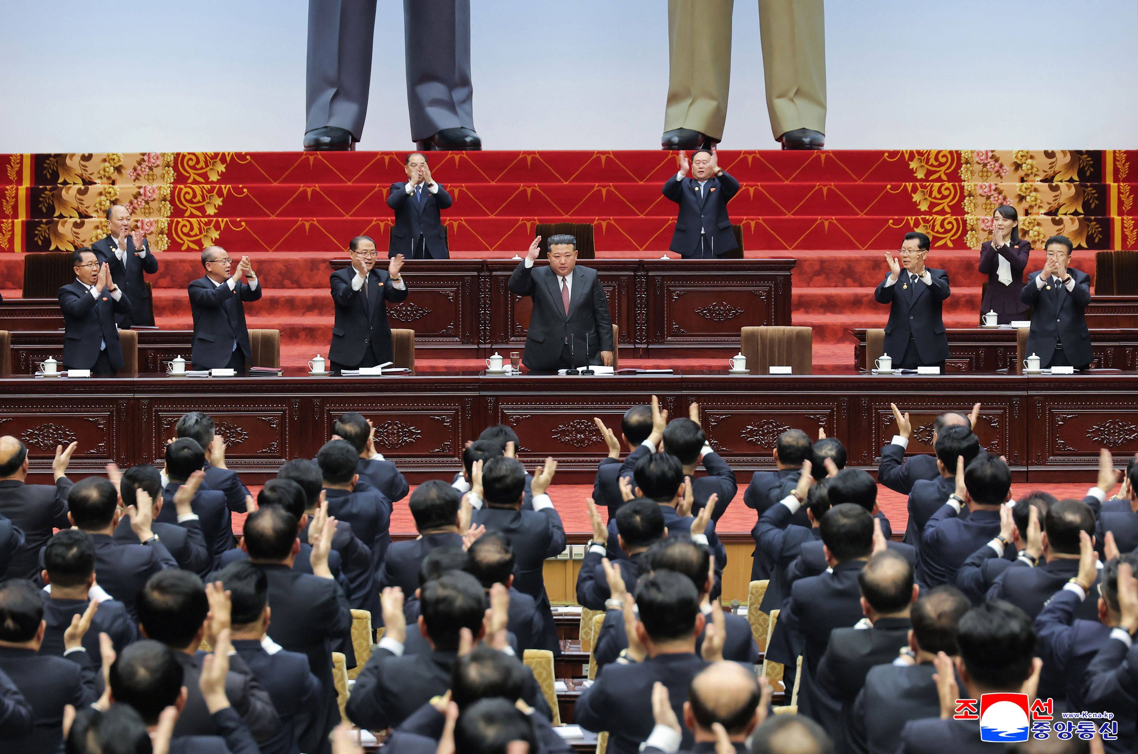 North Korean leader Kim Jong-un (centre) at the first session of the 15th Supreme People’s Assembly in Pyongyang, North Korea, on Sunday. Photo: KCNA/KNS/AFP