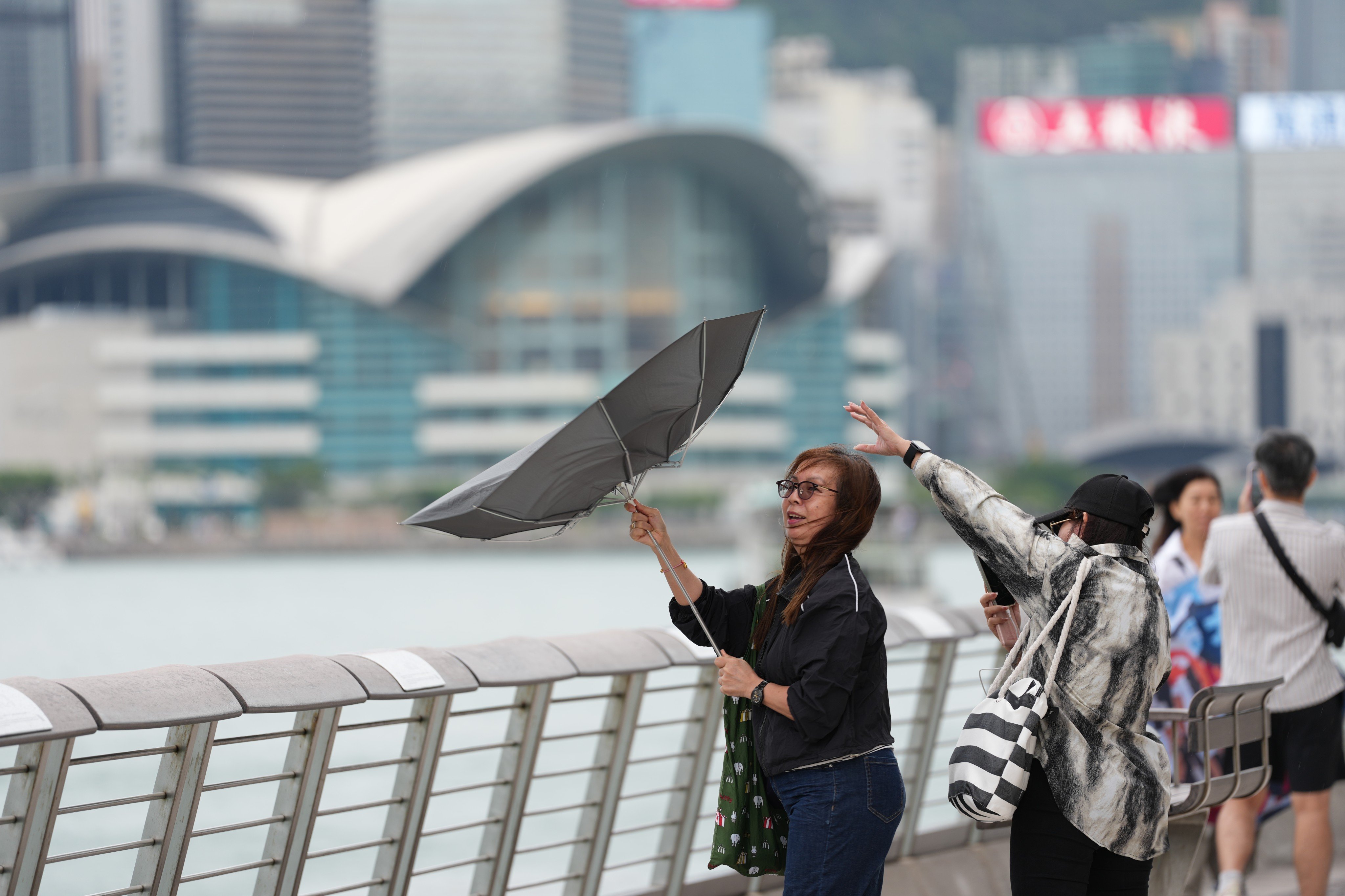 People at the Avenue of Stars in Tsim Sha Tsui during typhoon signal No 3. Photo: Jelly Tse