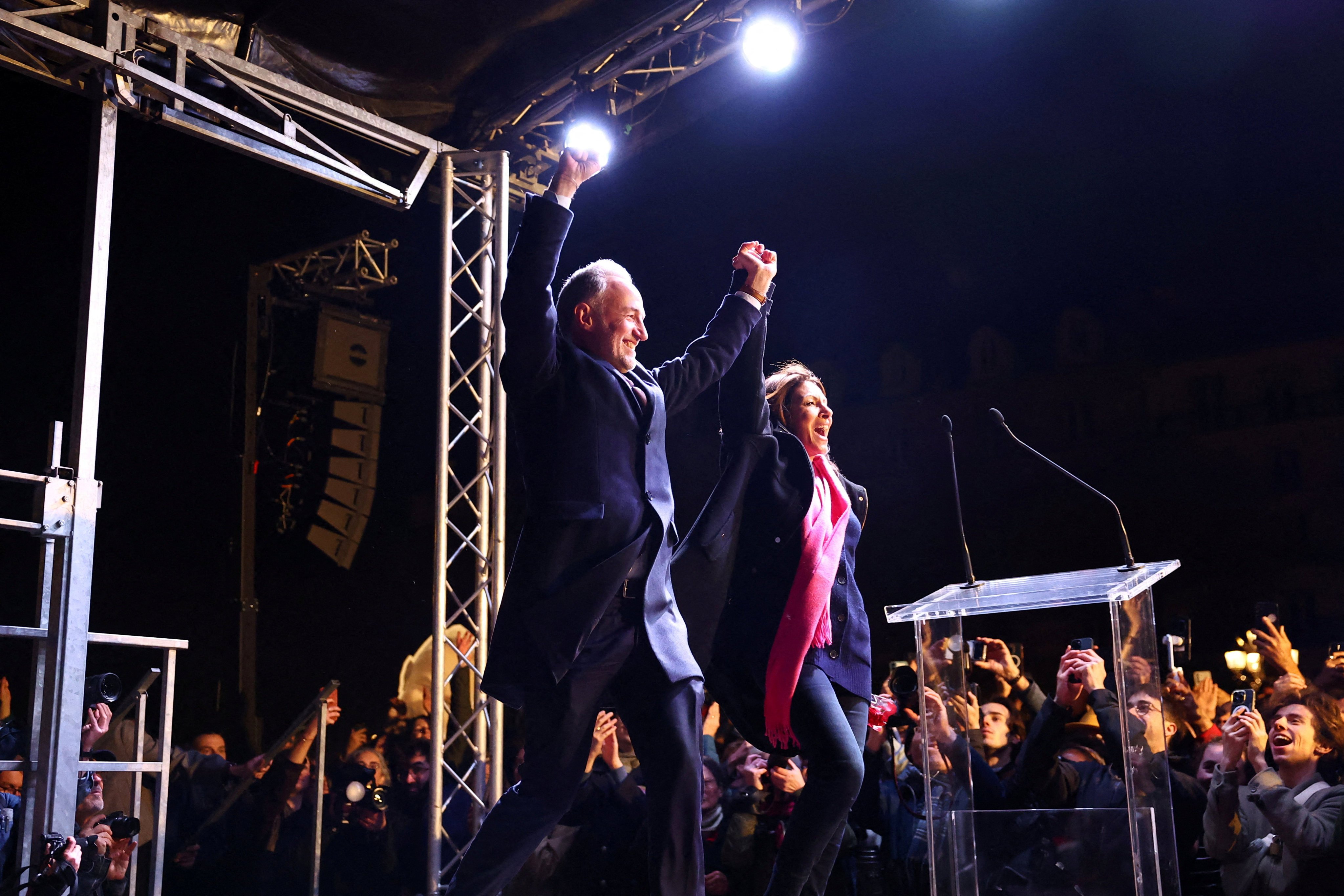 Outgoing Paris Mayor Anne Hidalgo and election winner Emmanuel Gregoire. Photo: Reuters