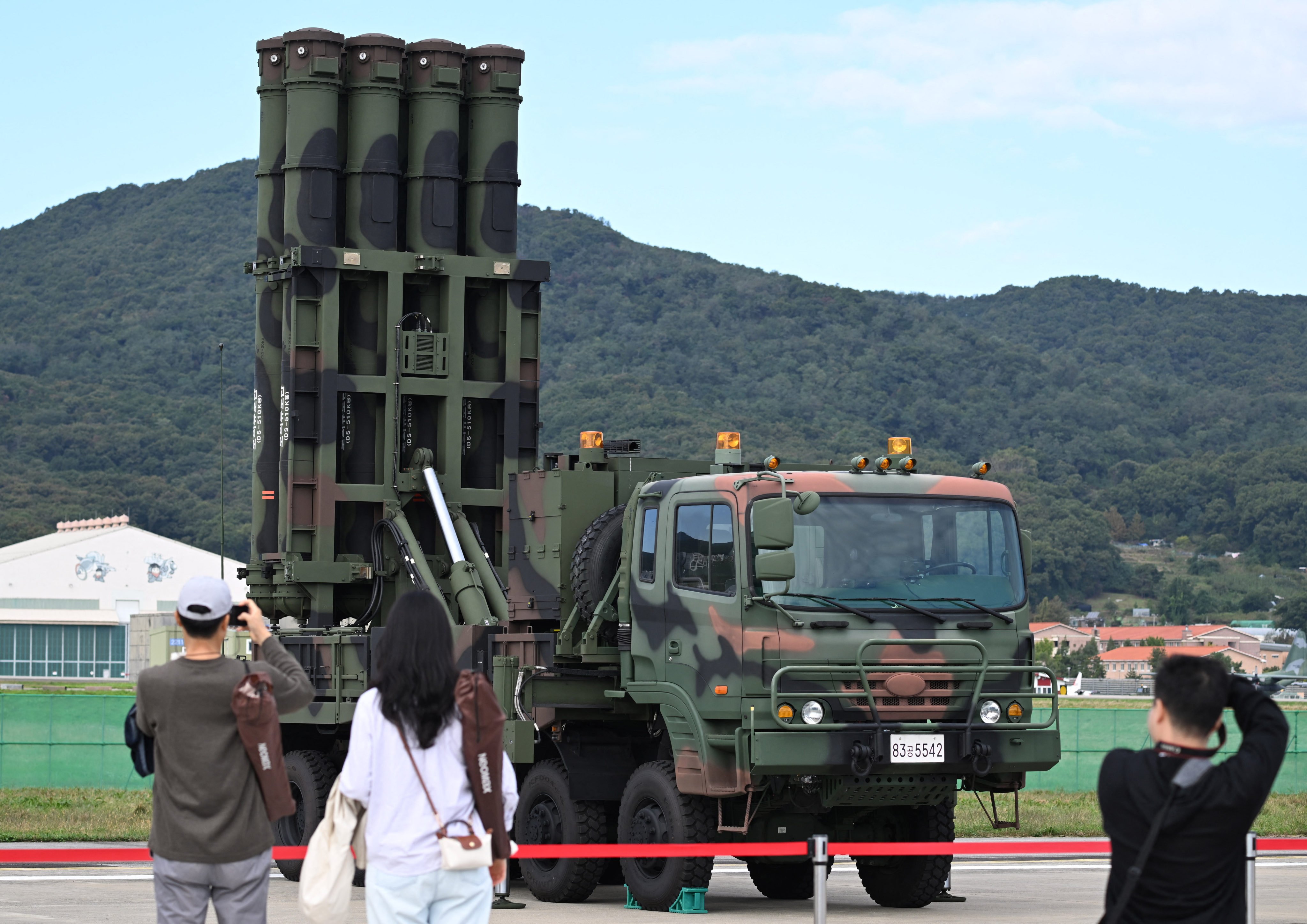 Visitors look at the KM-SAM Cheongung missile system during the Seoul International Aerospace and Defence Exhibition in October last year. Photo: AFP
