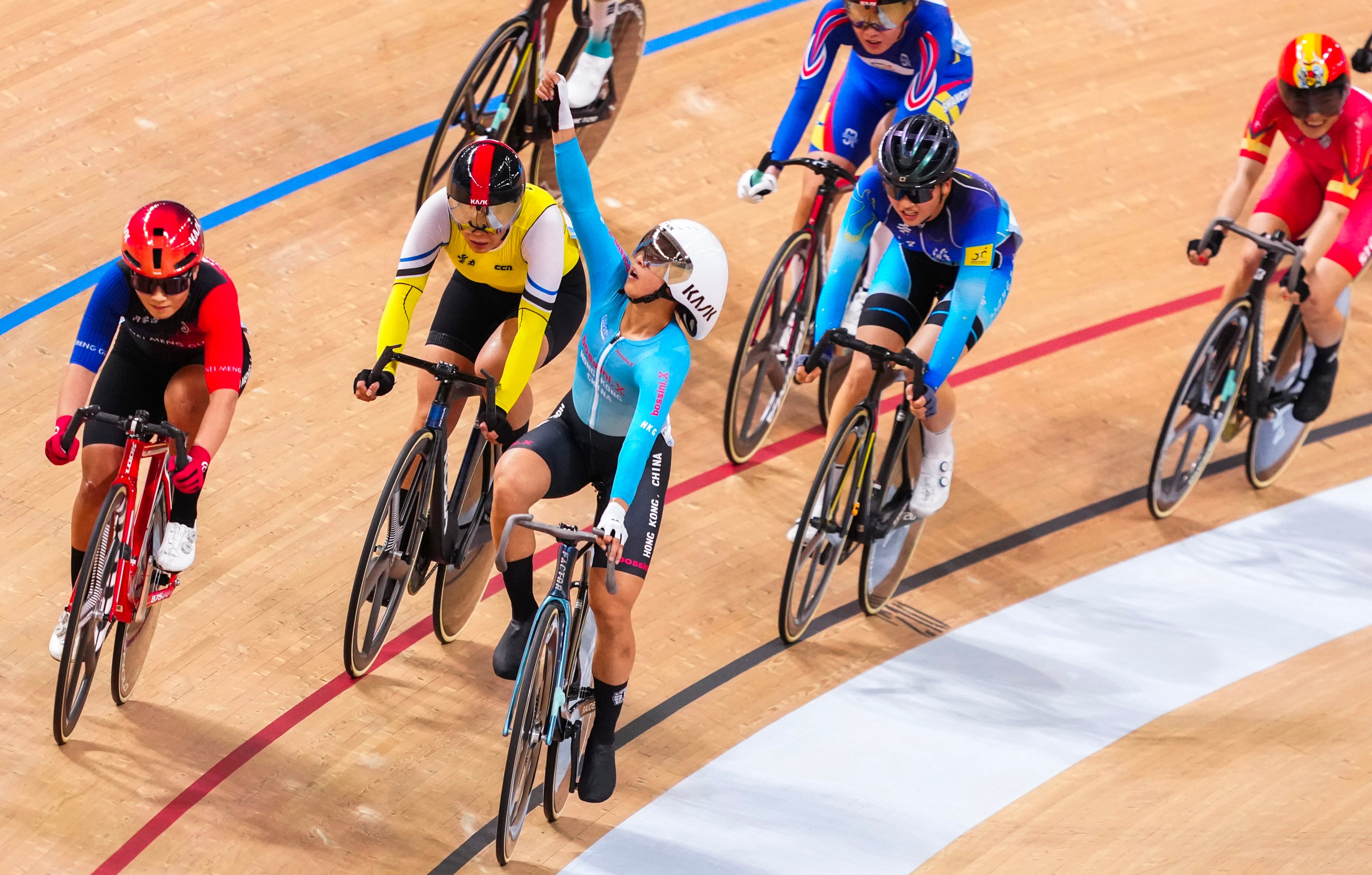 Ceci Lee, here celebrating her third gold of last year’s National Games, is being challenged to add to her one Asian Track Championships title. Photo: Karma Lo