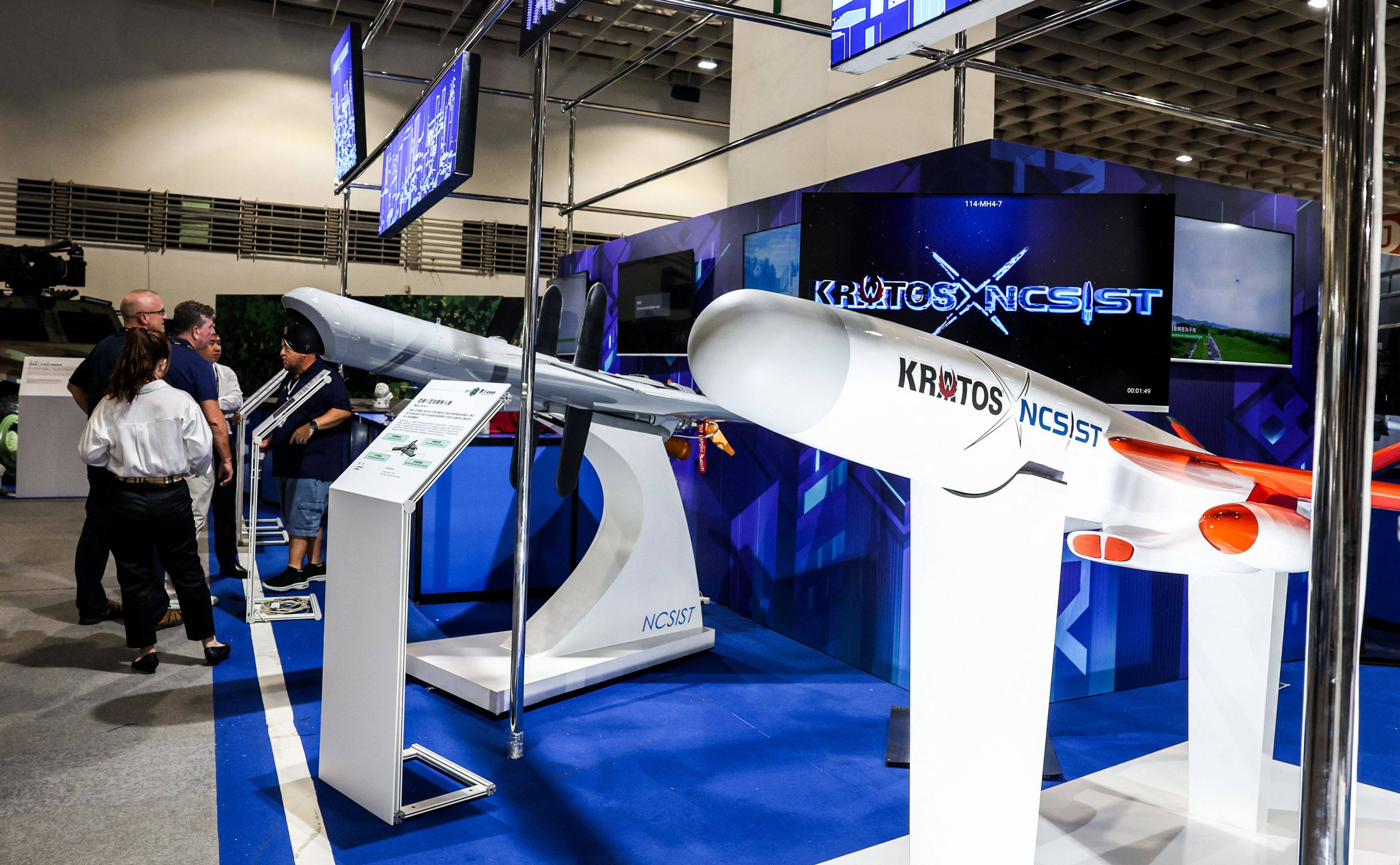 A Mighty Hornet IV high-speed attack drone, developed jointly by Taiwan’s National Chung-Shan Institute of Science and Technology and US-based Kratos Defence and Security Solutions, is displayed at the Taipei Aerospace and Defence Technology Exhibition on September 18, 2025. Photo: AFP