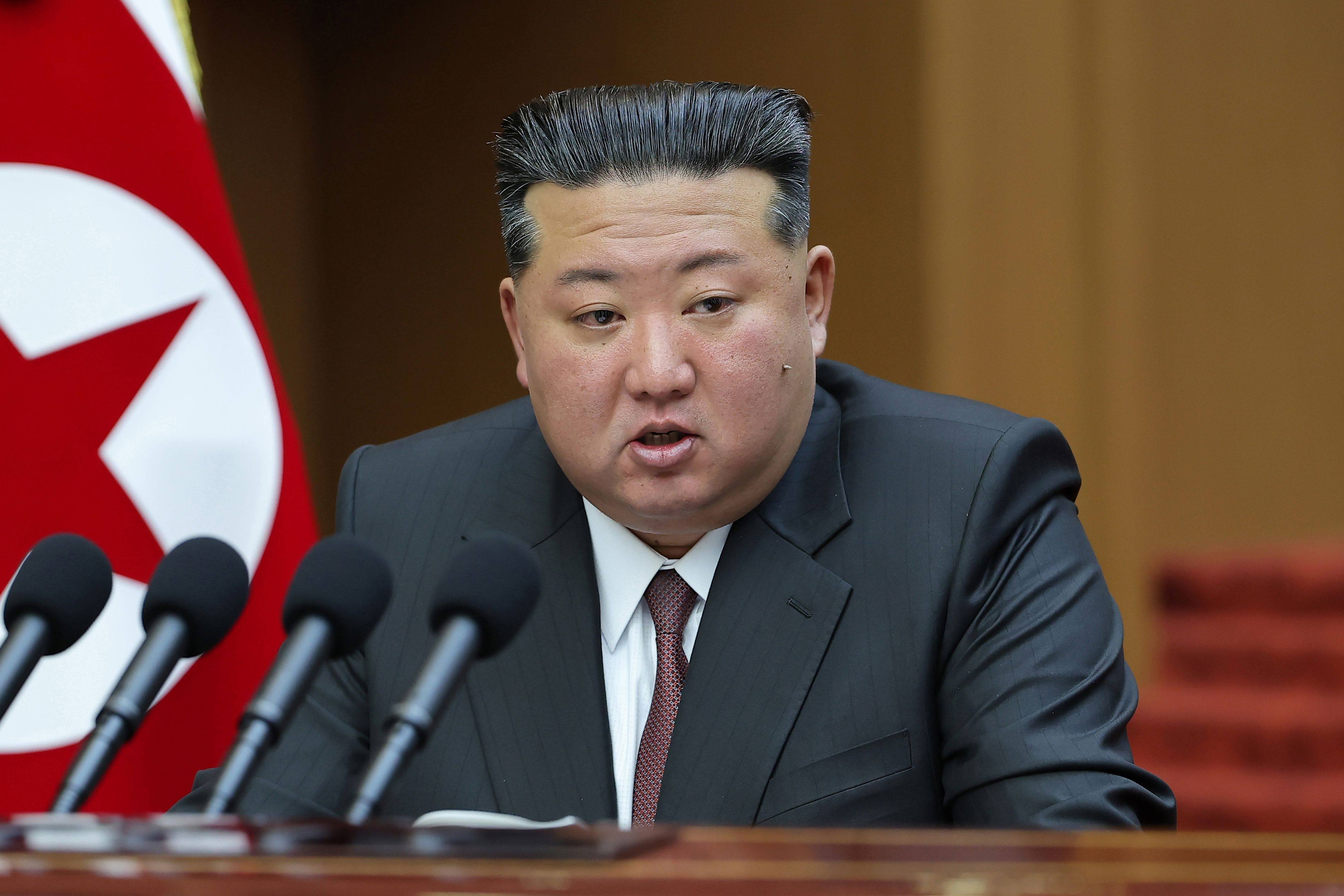 North Korean leader Kim Jong-un delivers a policy speech during the second and final day of the first session of the Supreme People’s Assembly in Pyongyang on Monday. Photo: KCNA/Yonhap/dpa