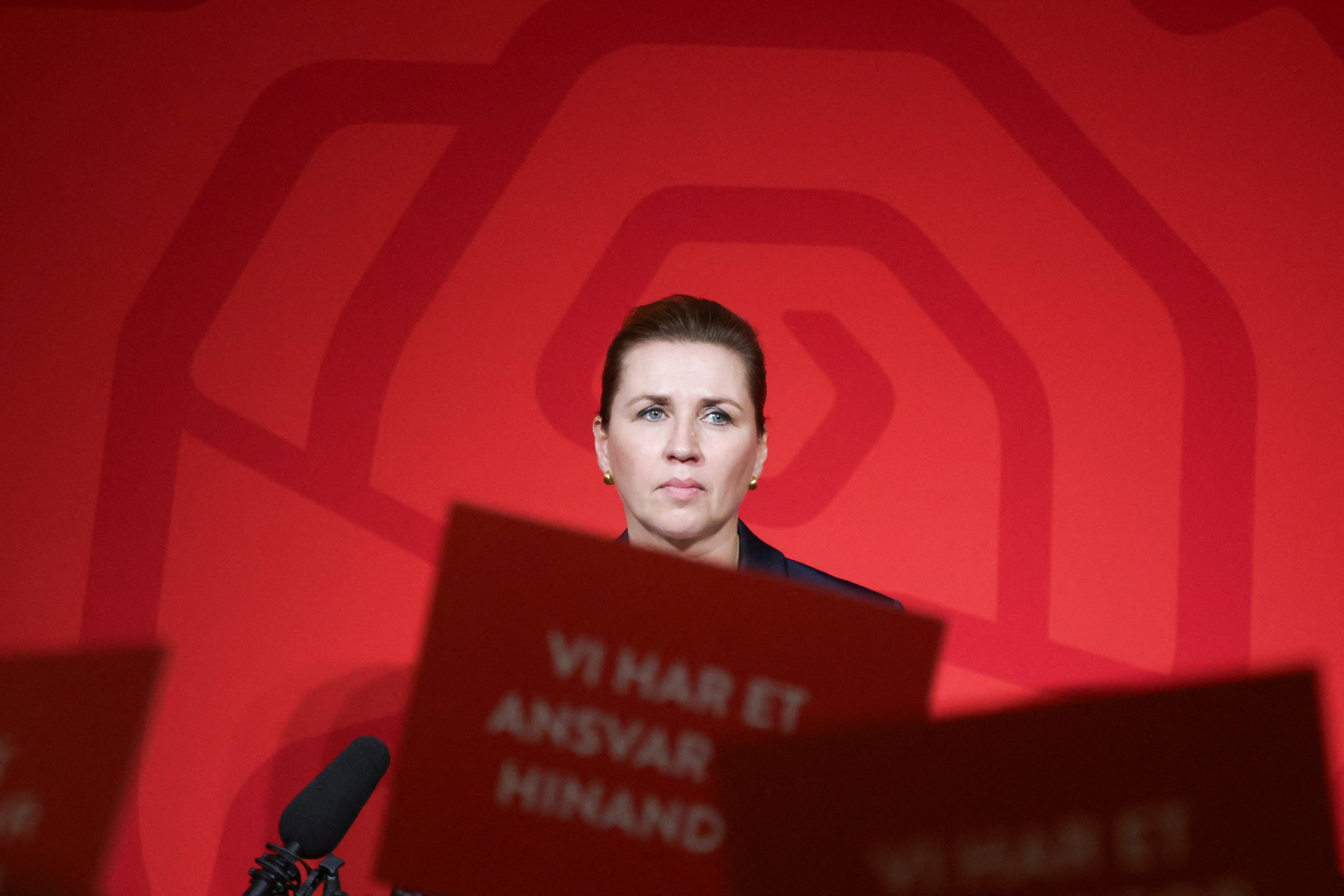 Mette Frederiksen, Denmark’s prime minister,  during an election party following the exit polls. Photo: Reuters
