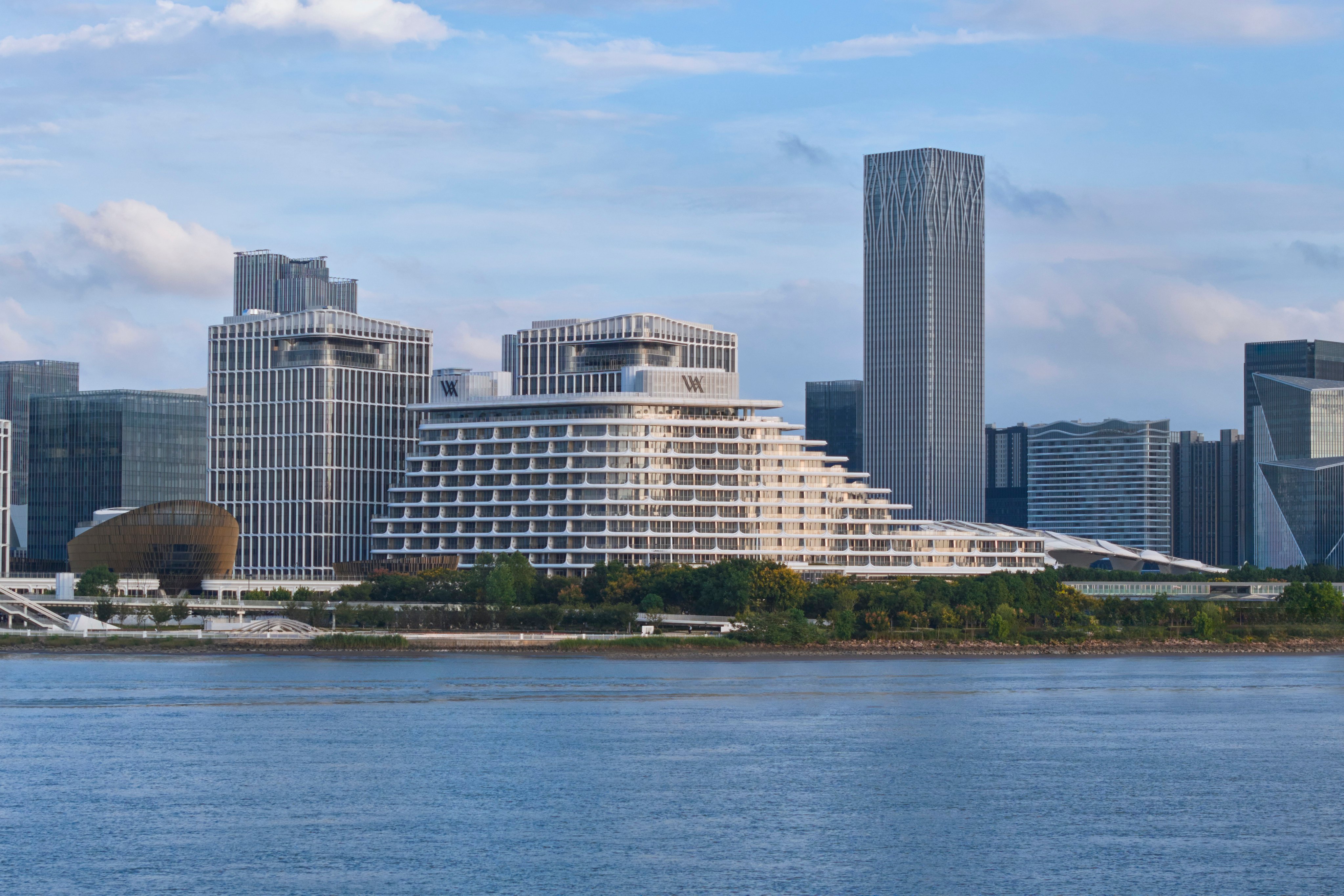 The Waldorf Astoria Shanghai Qiantan looks like a cruise ship when seen from across the Huangpu River. Photo: Handout