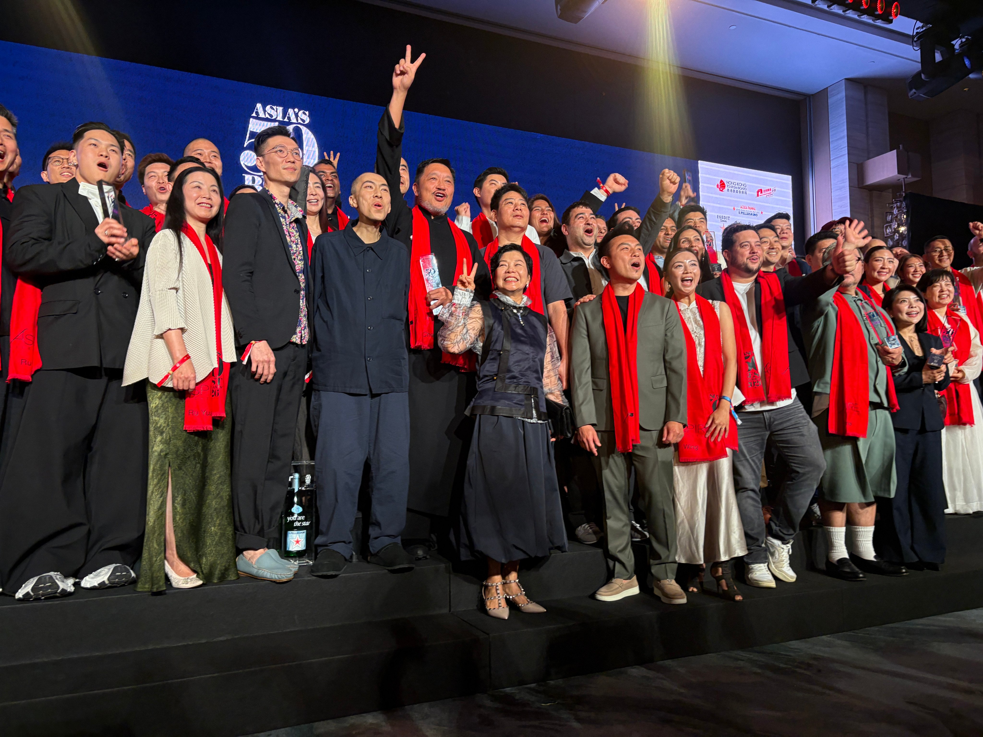 Representatives of the restaurants ranked by Asia’s 50 Best Restaurants in 2026 on stage at the presentation in Hong Kong’s Kerry Hotel on March 25. Hong Kong’s The Chairman was crowned the new No 1 while Wing took the No 2 spot. Photo: Charmaine Mok