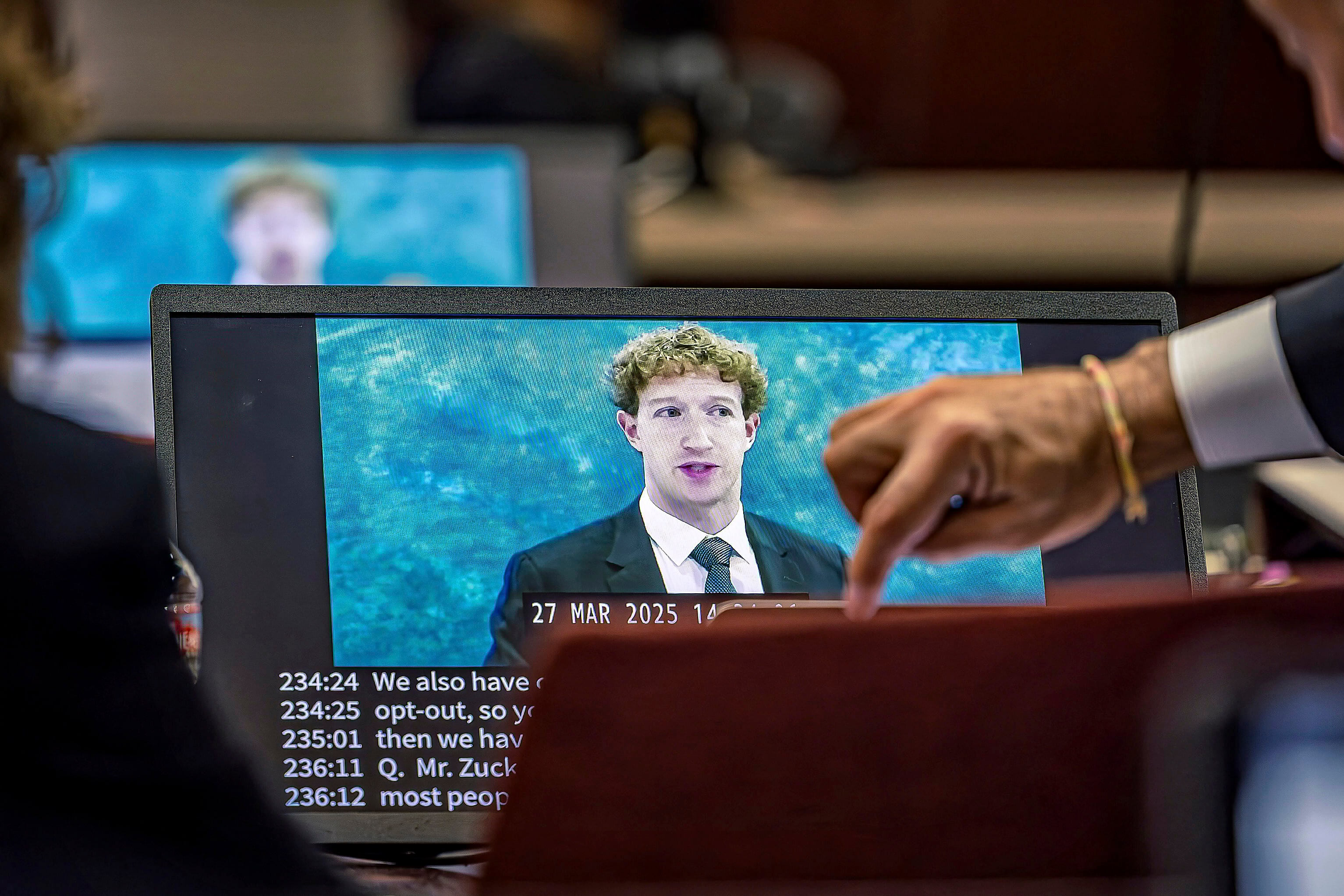 A recording of Meta CEO Mark Zuckerberg’s deposition being played for jurors. Photo: Santa Fe New Mexican via AP