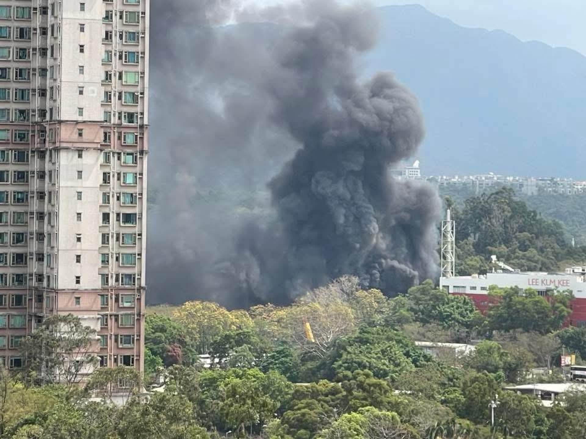 Thick black smoke rises into the sky above the Tai Po site. Photo: Handout
