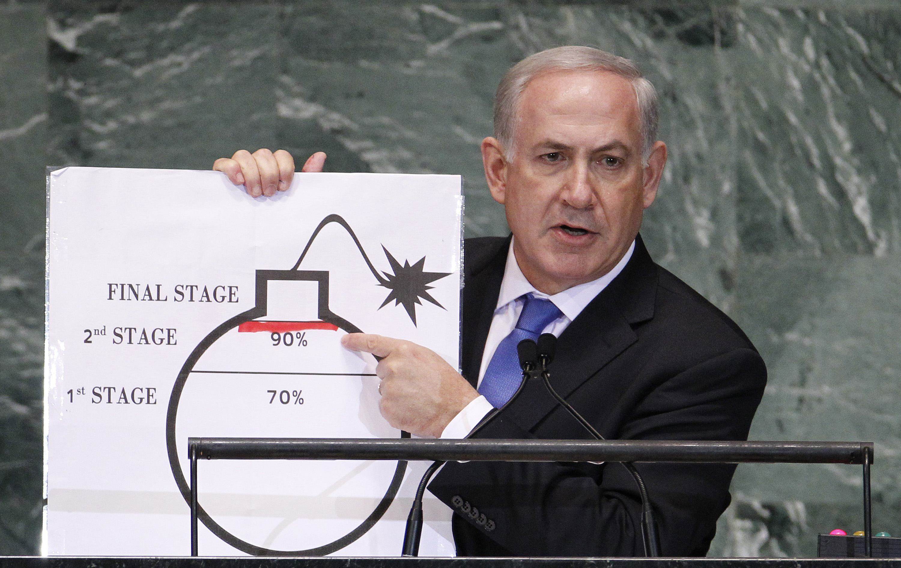 Israel’s Prime Minister Benjamin Netanyahu points to a red line he has drawn on a graphic representing an Iranian nuclear bomb as he addresses the UN in 2012. Photo: Reuters
