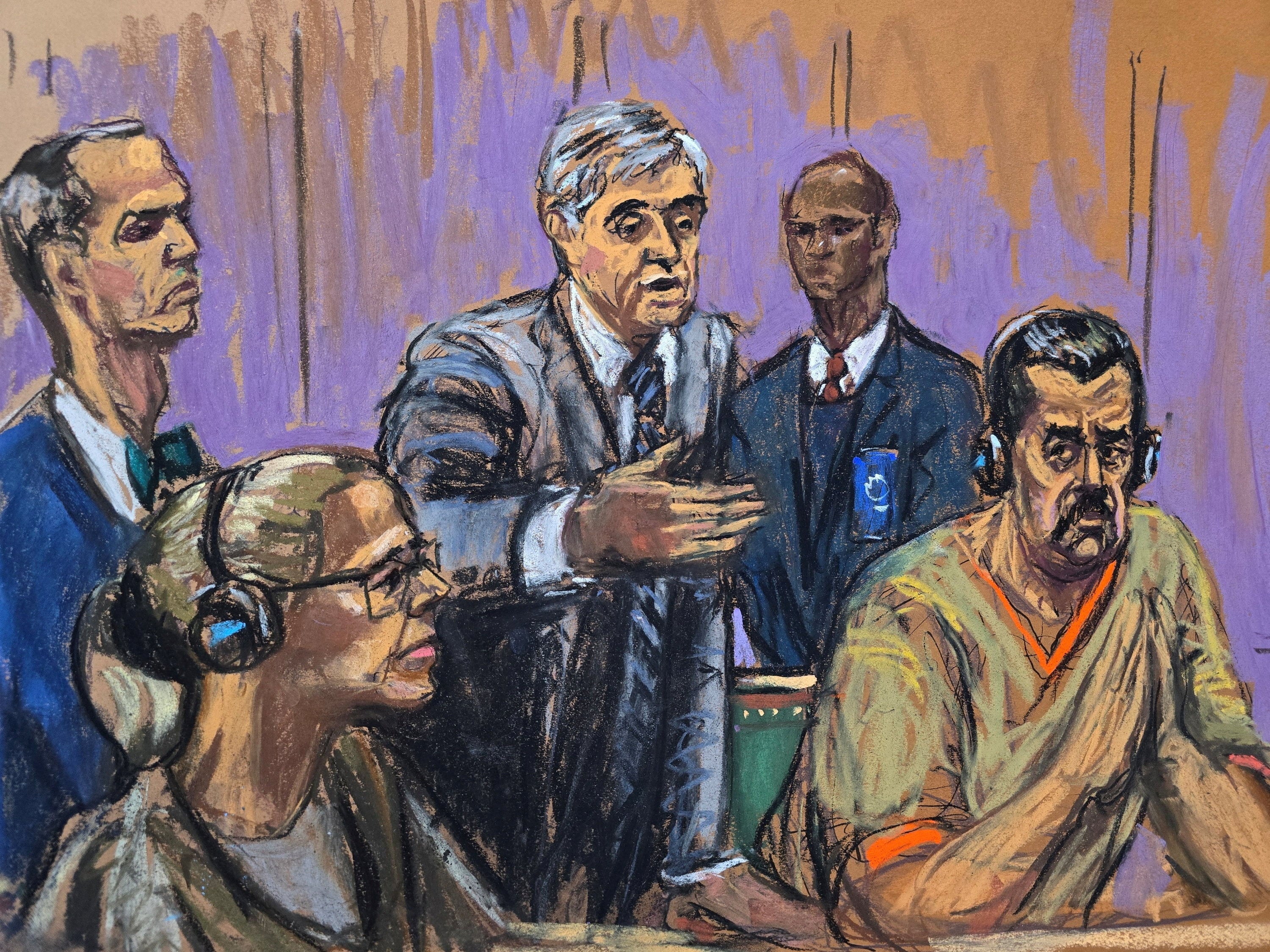 Ousted Venezuelan President Nicolas Maduro with his wife, Cilia Flores, Flores’ lawyer, Mark Donnelly, and Maduro’s lawyer, Barry Pollack, attend a hearing in New York on Thursday. Courtroom sketch: Jane Rosenberg via Reuters
