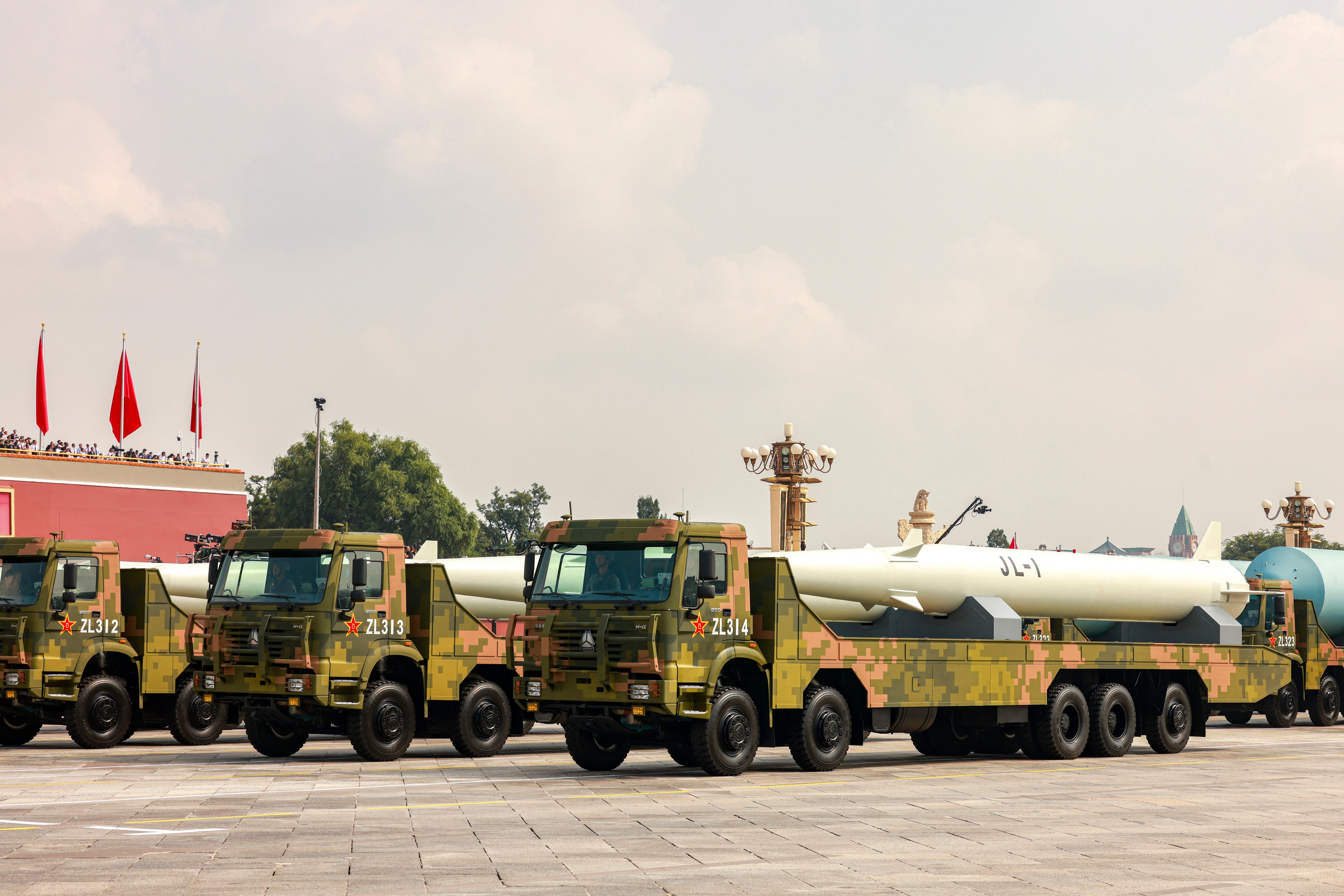 JL-1 air-launched ballistic missiles are featured in the nuclear missile formation during China’s Victory Day military parade, in Beijing on September 3, 2025. Photo: VCG via Getty Images