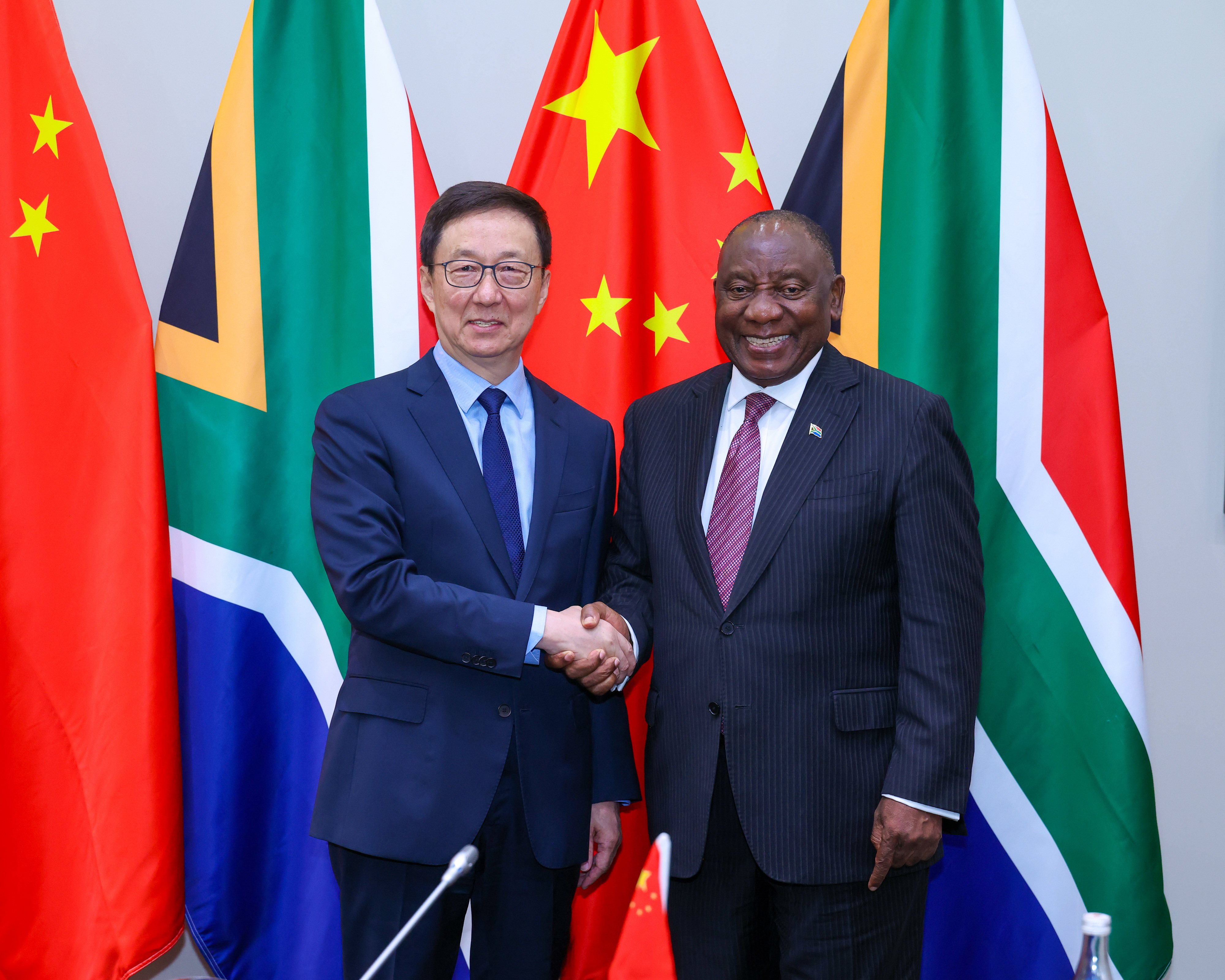 Chinese Vice-President Han Zheng pictured with South African President Cyril Ramaphosa in Cape Town. Photo: Xinhua