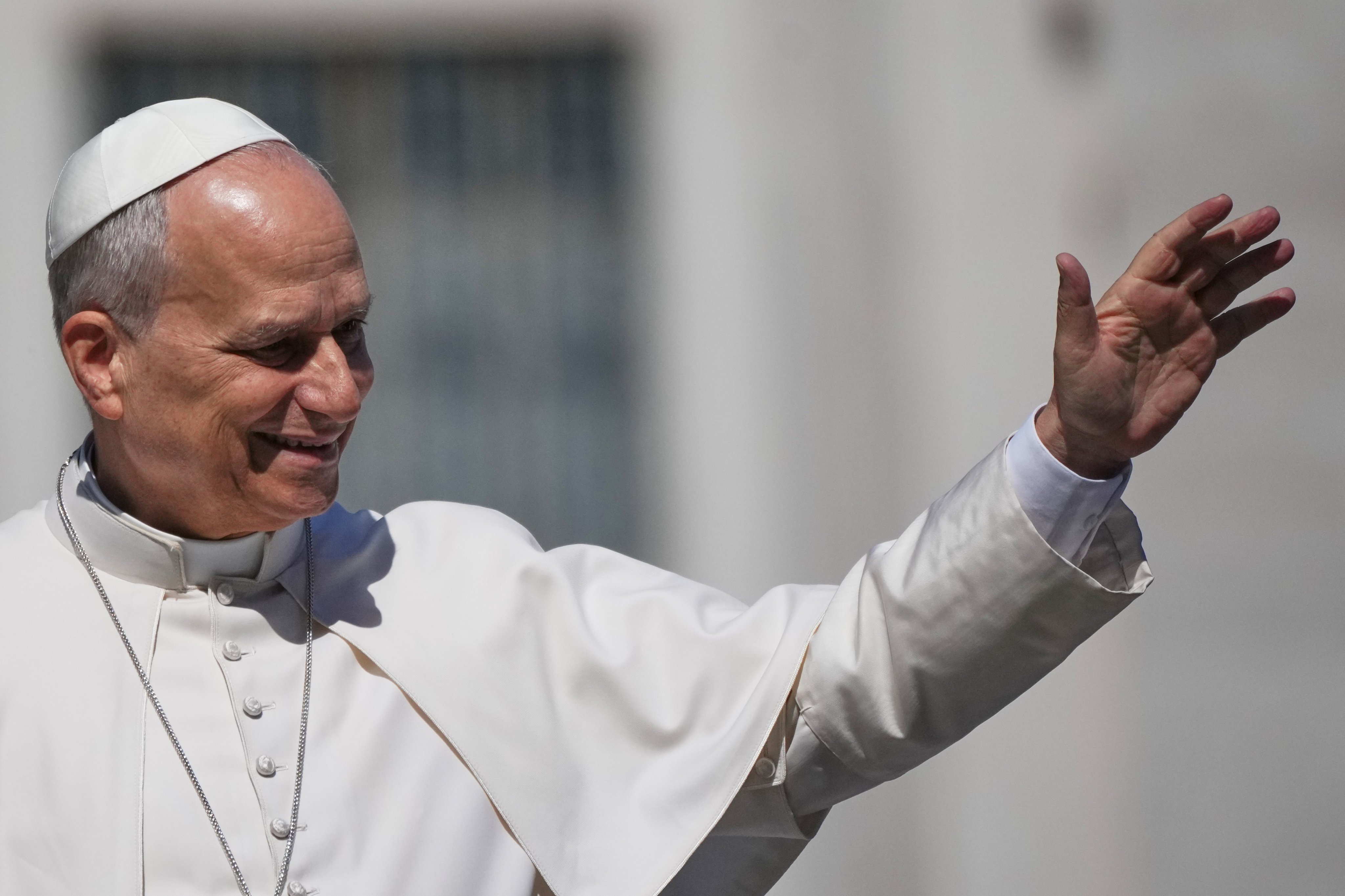 Pope Leo greets faithful as he leaves at the end of the weekly general audience in St. Peter’s Square, at the Vatican, on Wednesday. Photo: AP