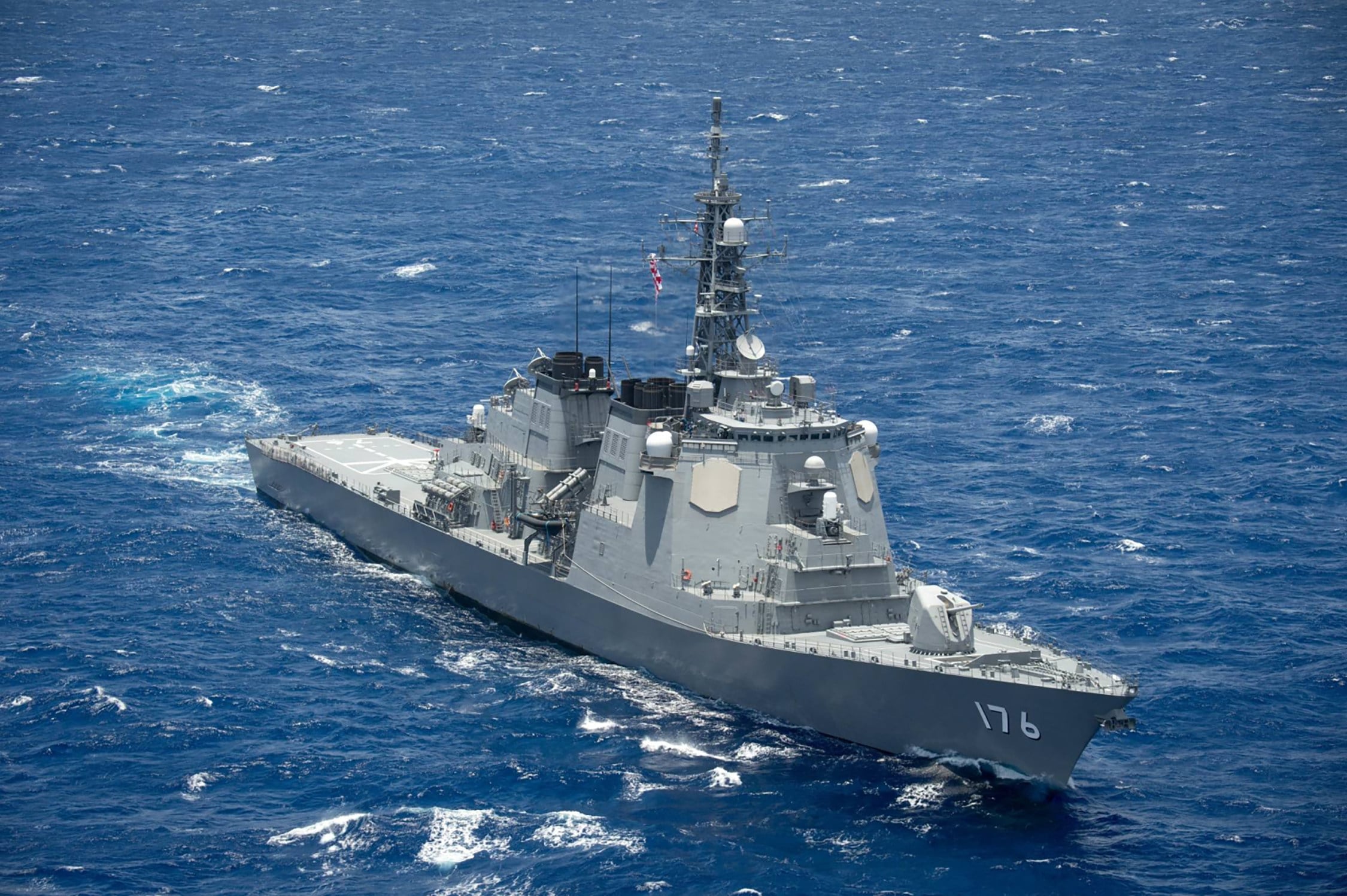 Japanese destroyer JS Chokai has been equipped to fire long-range Tomahawk missiles, with the first firing test expected this summer. Photo: Commander, US Third Fleet