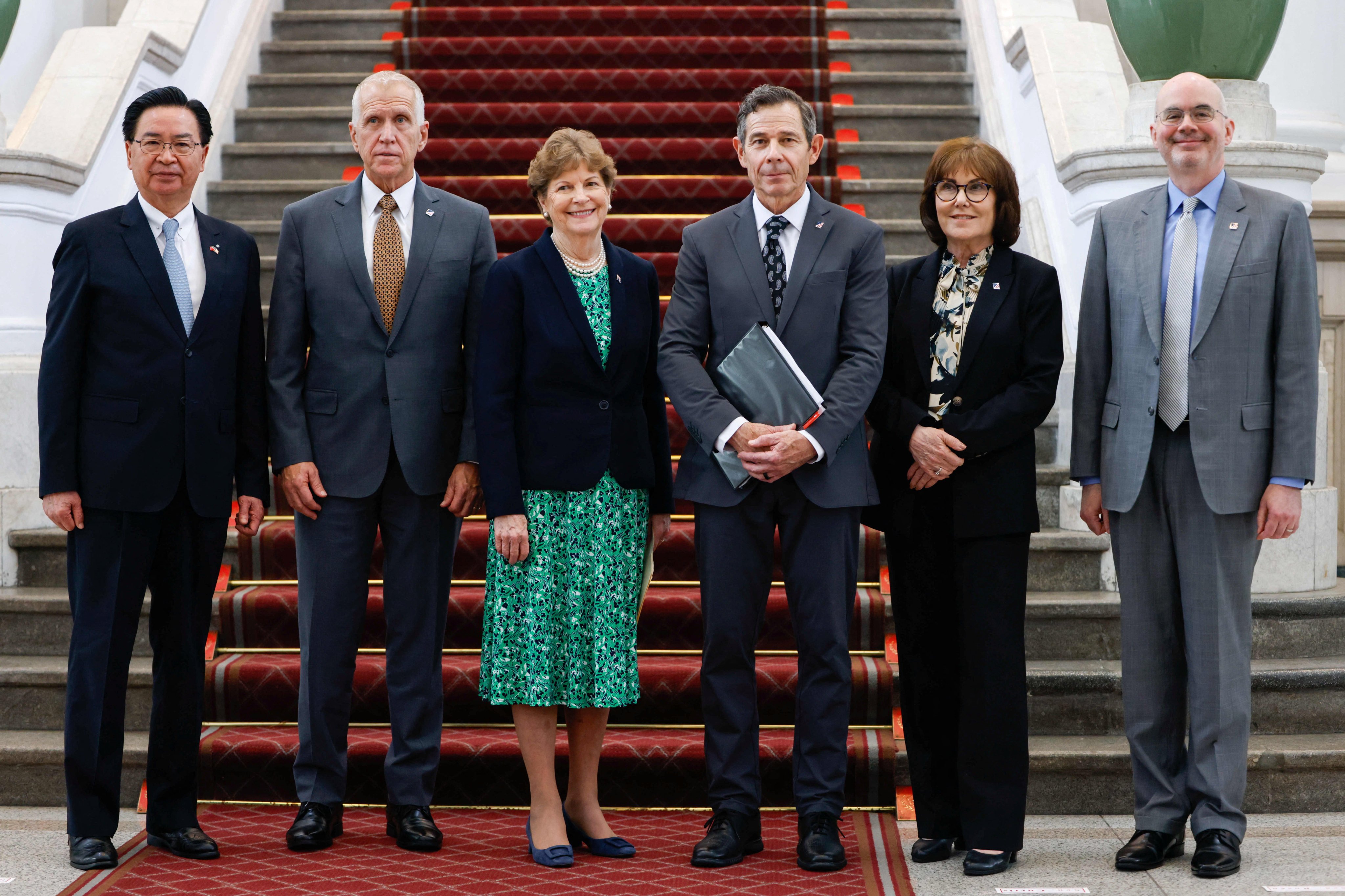 Members of a bipartisan delegation of US senators, including (from left) Thom Tillis, Jeanne Shaheen, John Curtis and Jacky Rosen, attend a press conference in Taipei, Taiwan on Monday. Photo: Reuters