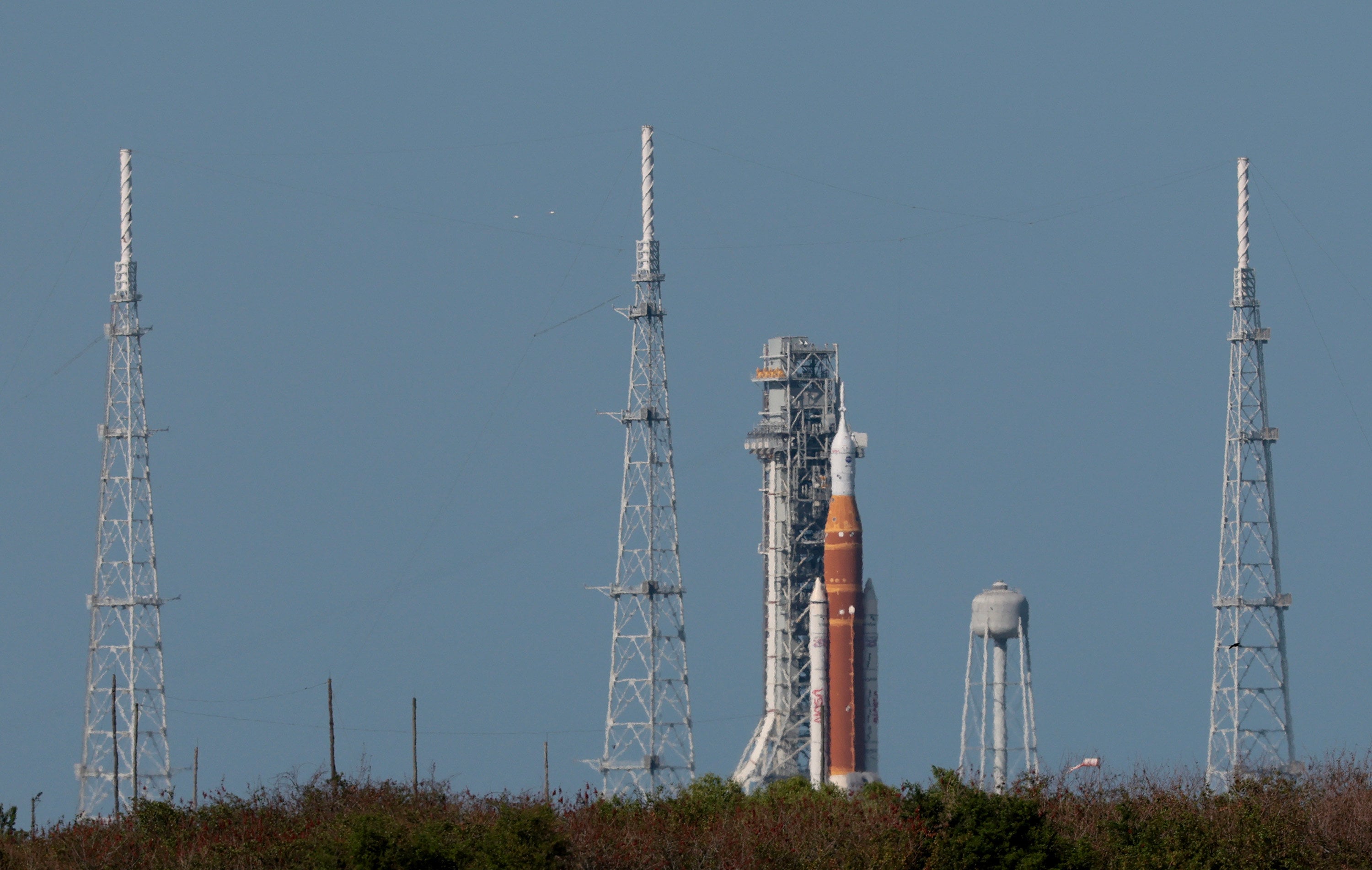 Nasa’s Artemis II Space Launch System rocket and Orion spacecraft sit on Launch Pad 39B at the Kennedy Space Centre in Cape Canaveral, Florida. Photo: Getty Images / TNS