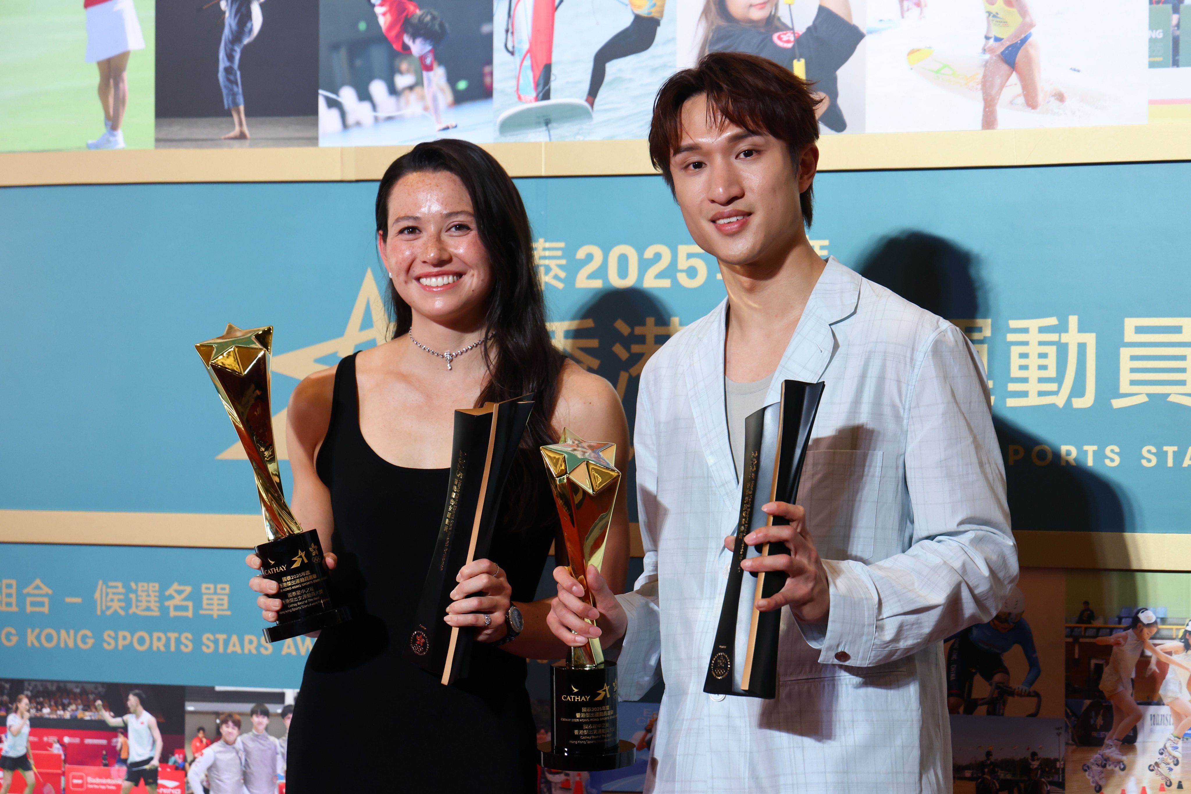 Swimmer Siobhan Haughey (left) and fencer Ryan Choi with their “best of the best” trophies at the Cathay 2025 Hong Kong Sports Stars Awards ceremony at the Convention and Exhibition Centre on Tuesday. Photo: Dickson Lee