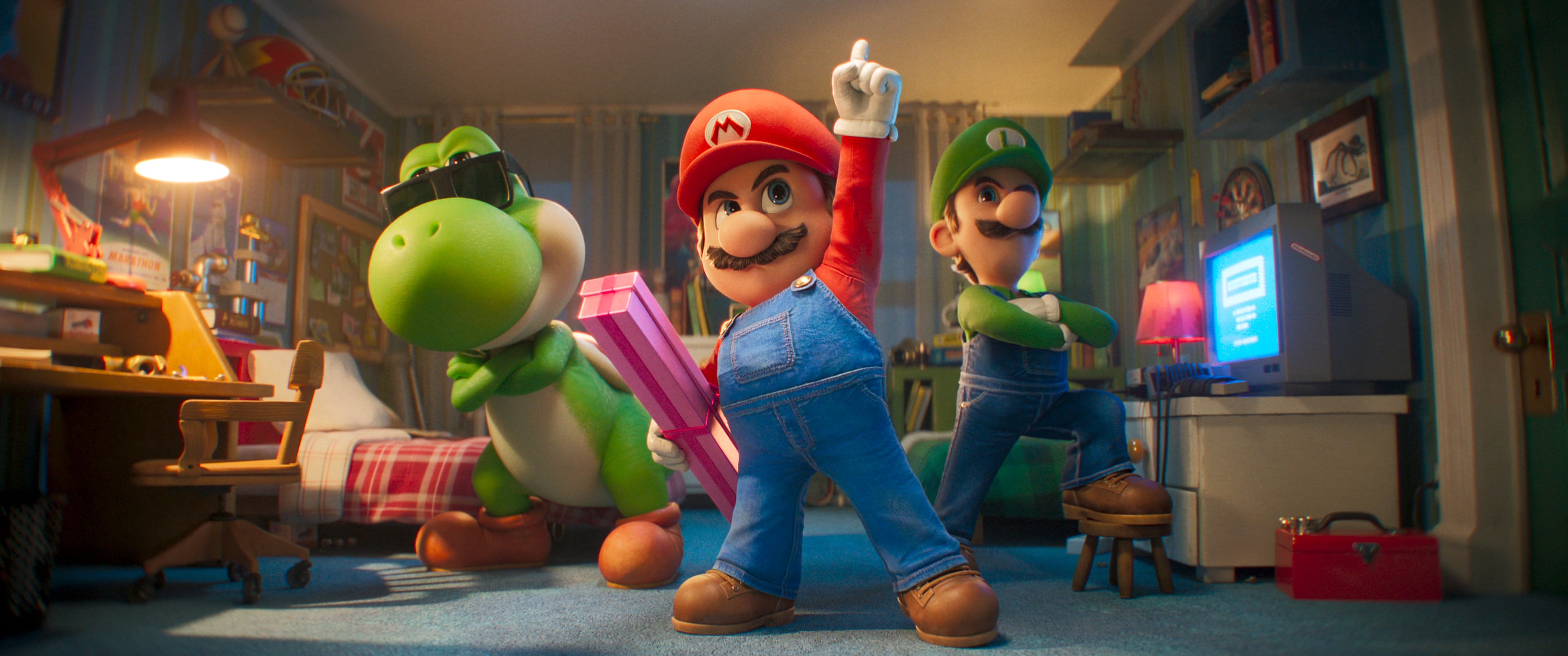 (From left) Yoshi (voiced by Donald Glover), Mario (Chris Pratt) and Luigi (Charlie Day) in a screen grab from The Super Mario Galaxy Movie (category 1), directed by Aaron Horvath and Michael Jelenic.