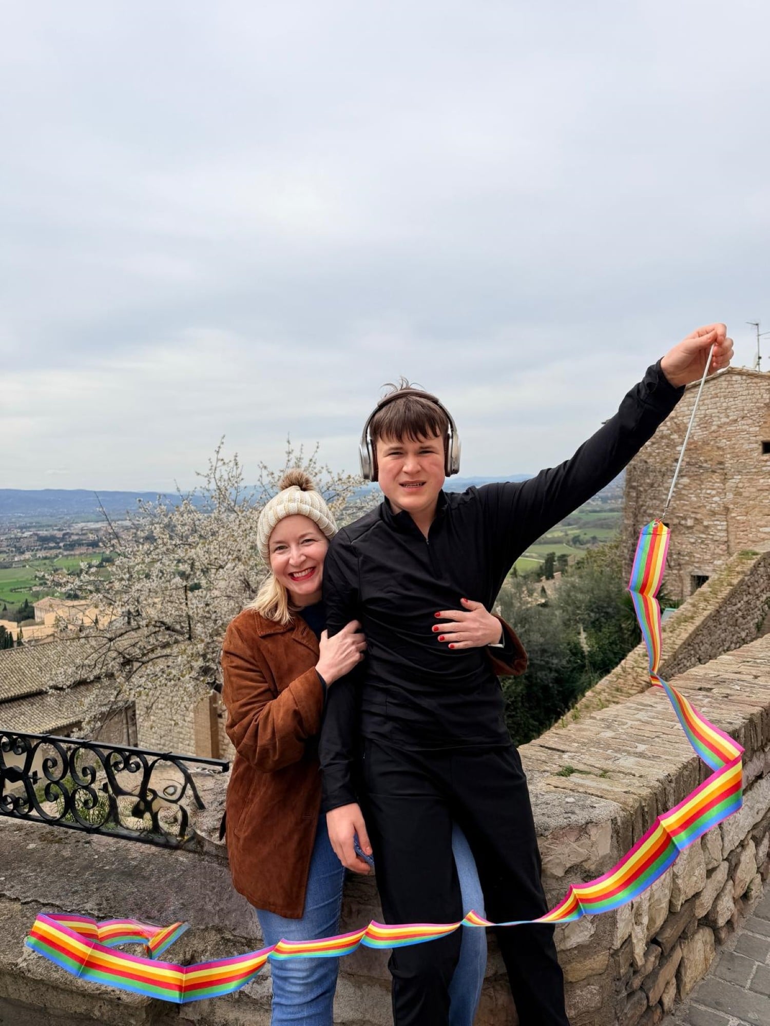 Talos Foundation founder Mary Schaus is pictured with her son Alex, who was diagnosed with autism at the age of three, on holiday in Assisi, Italy, in March 2026. Photo: Mary Schaus