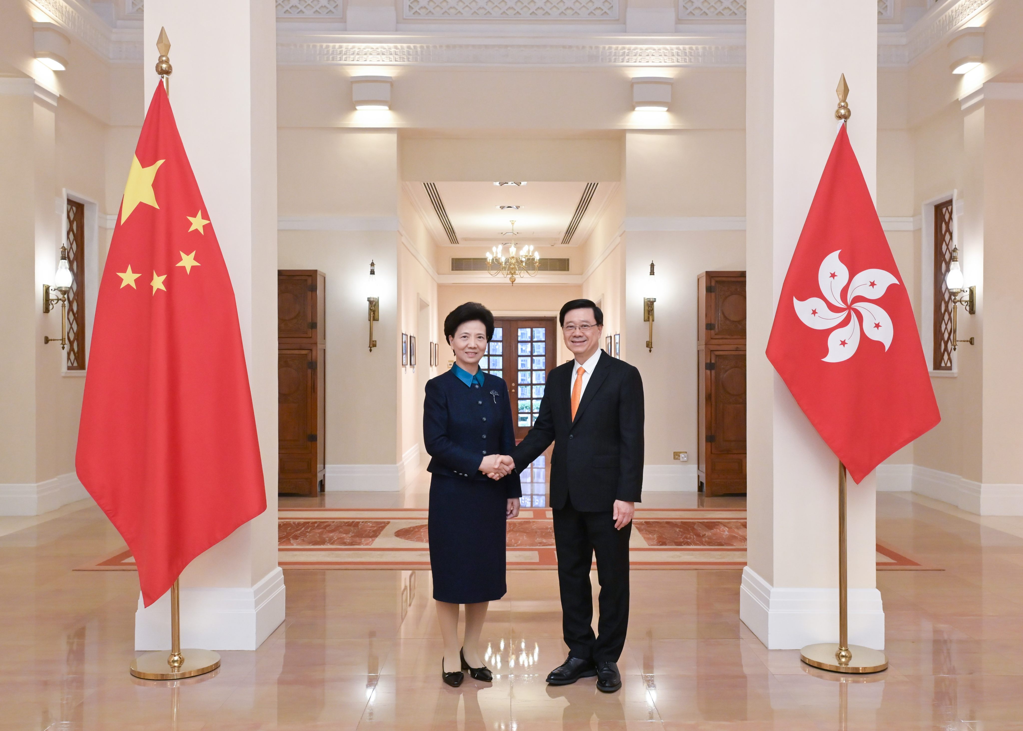 Chief Executive John Lee meets State Councillor Shen Yiqin at Government House. Photo: ISD
