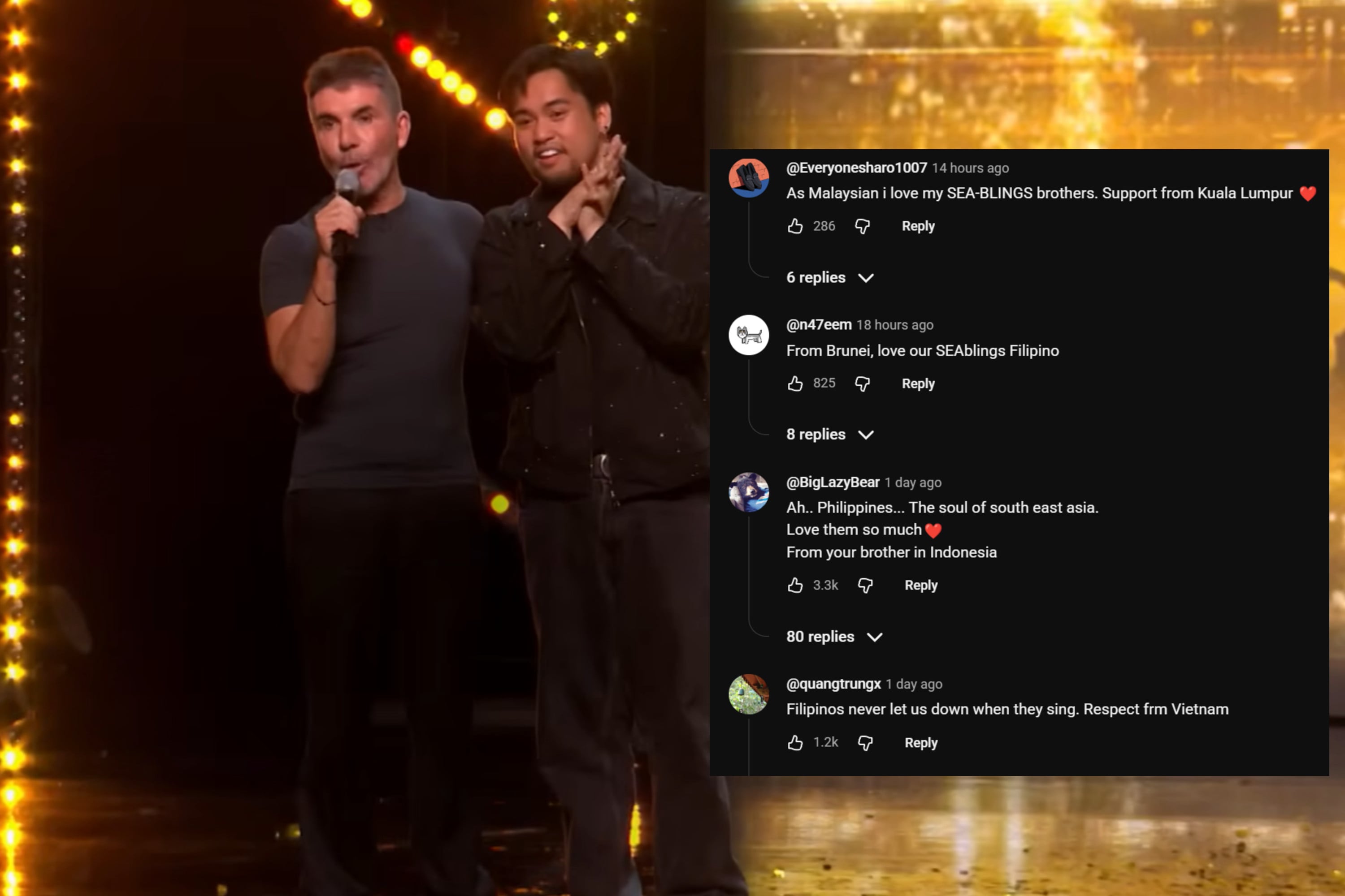 Left: ‘Britain’s Got Talent’ judge Simon Cowell stands next to Filipino singer Matty Juniosa after awarding Juniosa the coveted Golden Buzzer for his performance on Sunday’s episode of the talent competition. Right: Youtube comments on the video mentioning SEAbling, which is shorthand for “Southeast Asian siblings”. Photo: YouTube / Britain’s Got Talent