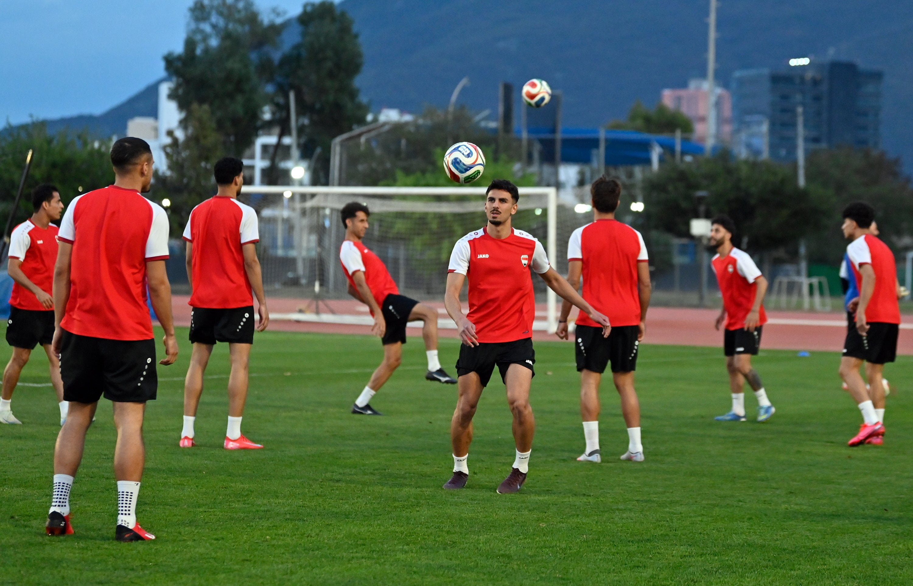 The Iraq team, seen here training for their match against Bolivia on Tuesday, arrived in Monterrey on March 21 after a 25-hour journey. Photo: EPA