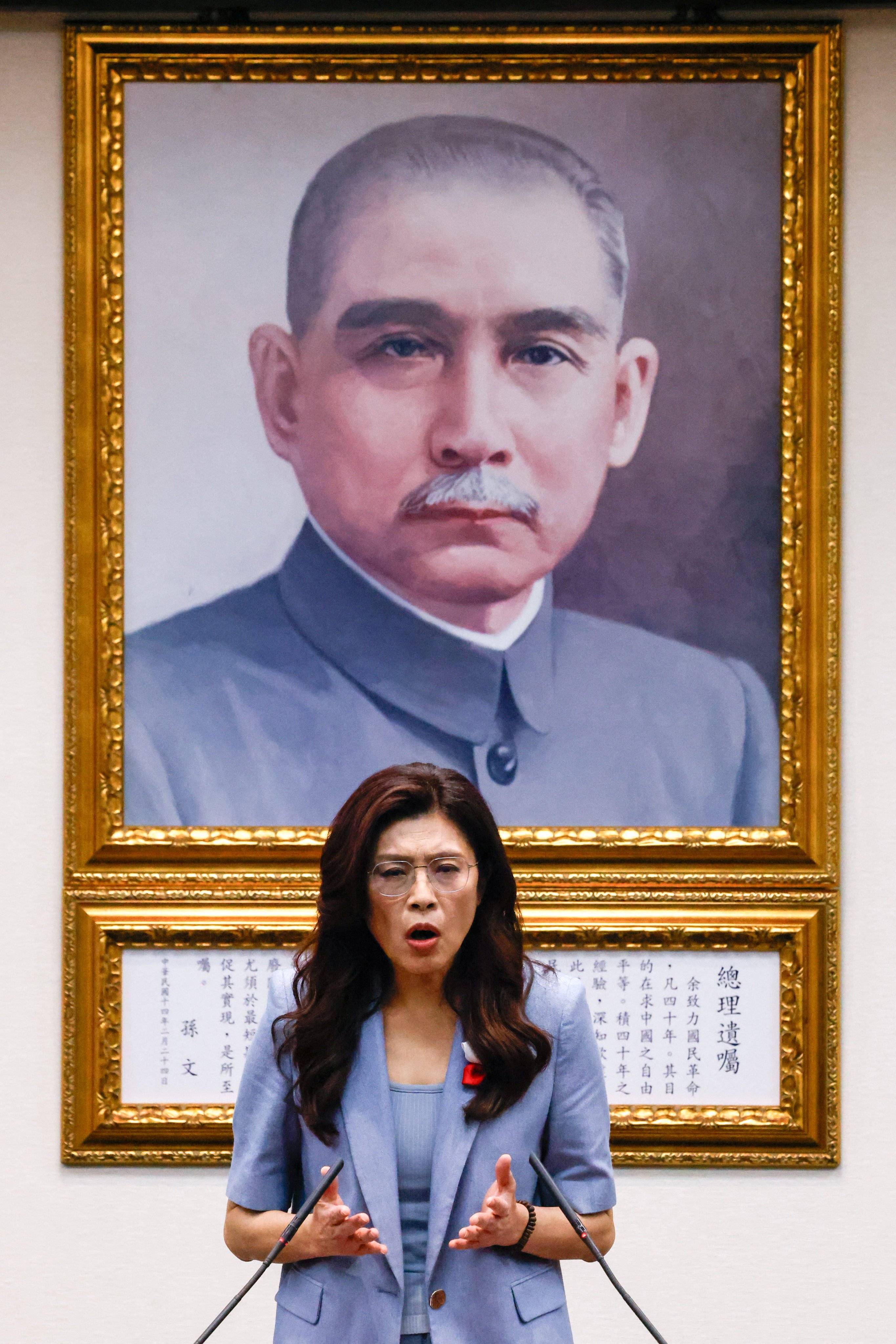 Kuomintang chairperson Cheng Li-wun speaks to the media in Taipei on March 30, ahead of her trip to mainland China. Photo: Reuters