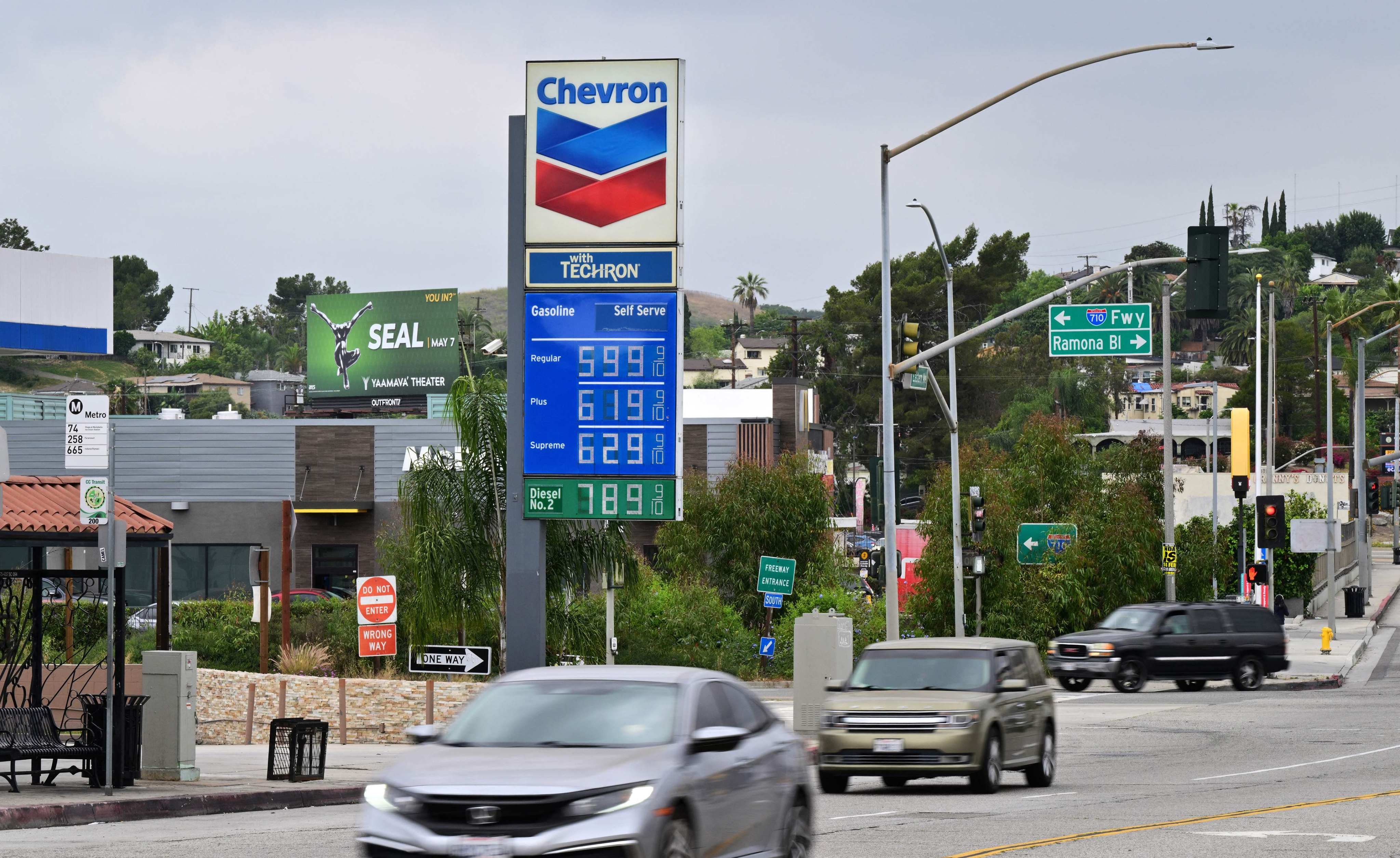 Petrol prices are displayed at a Chevron station in Los Angeles, California, on Tuesday. Photo: AFP