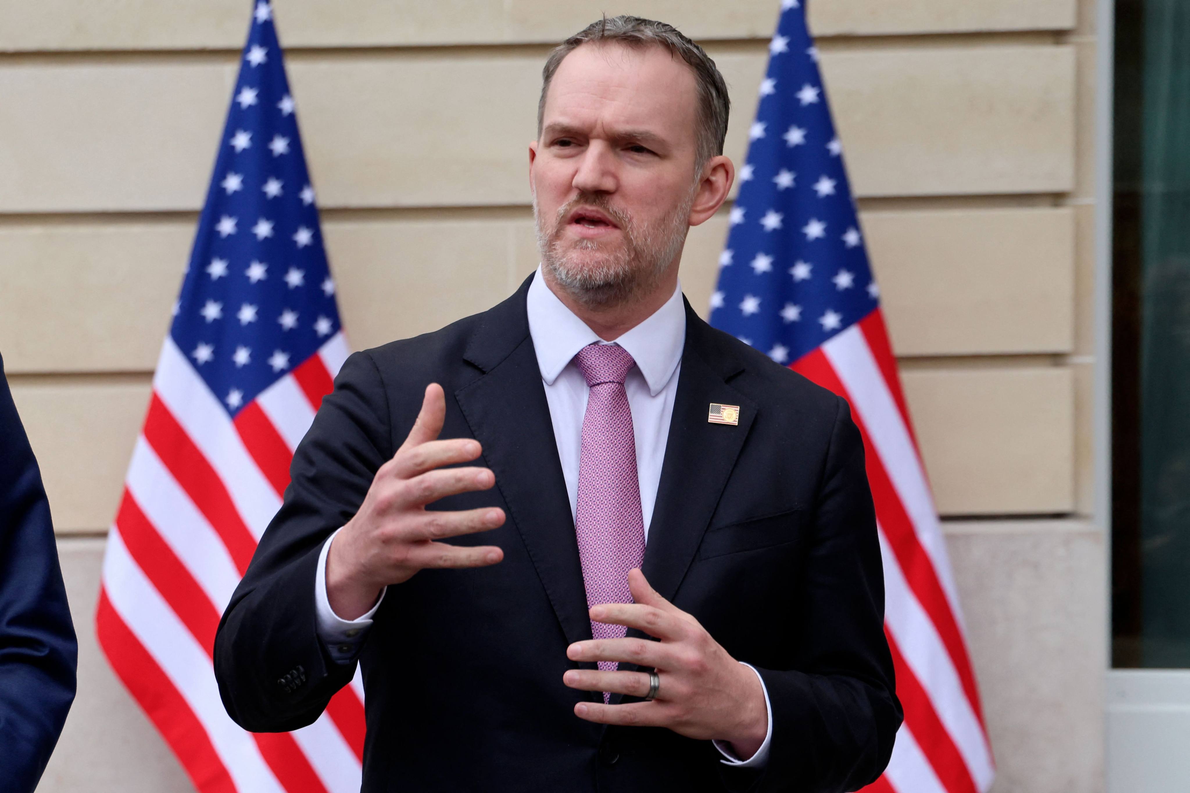 US Trade Representative Jamieson Greer addresses the media after trade talks with the Chinese delegation in Paris in March. Photo: AFP