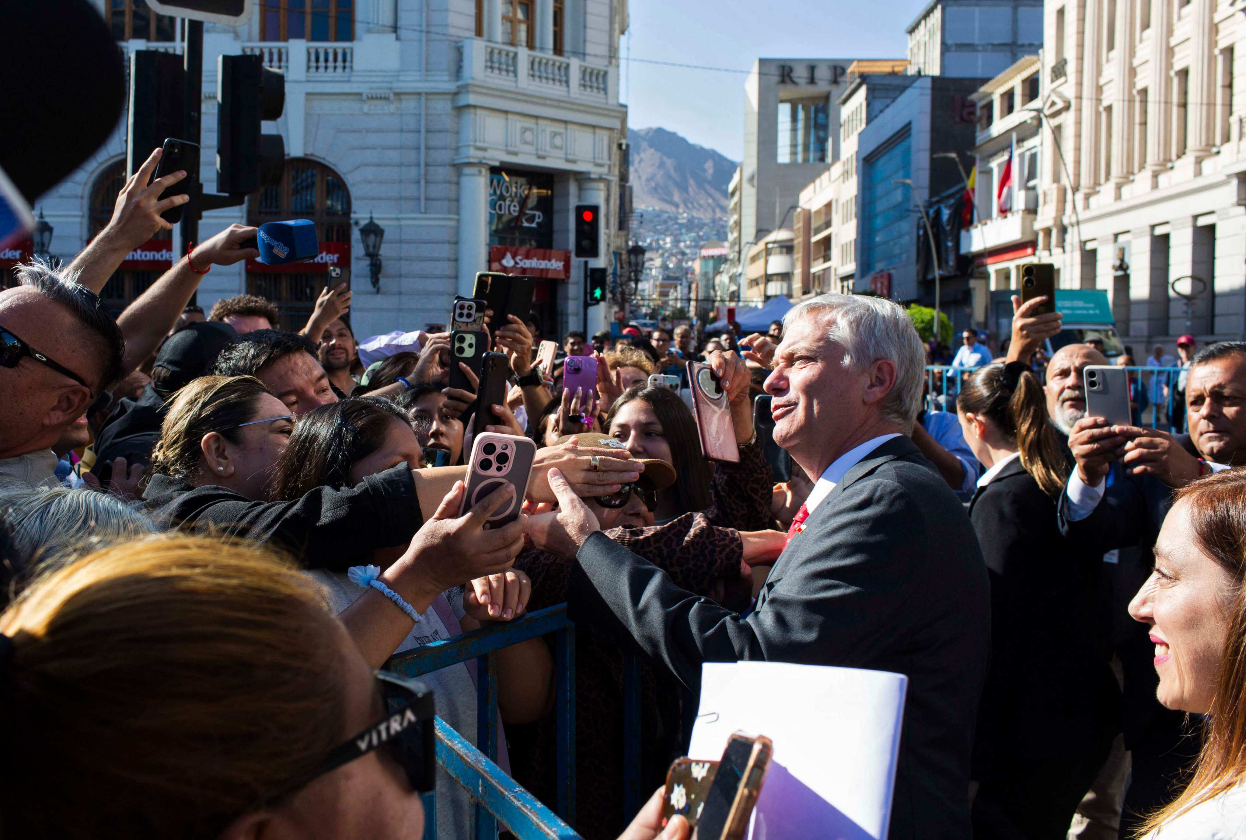 Chile’s President Jose Antonio Kast greets supporters. Photo: AFP