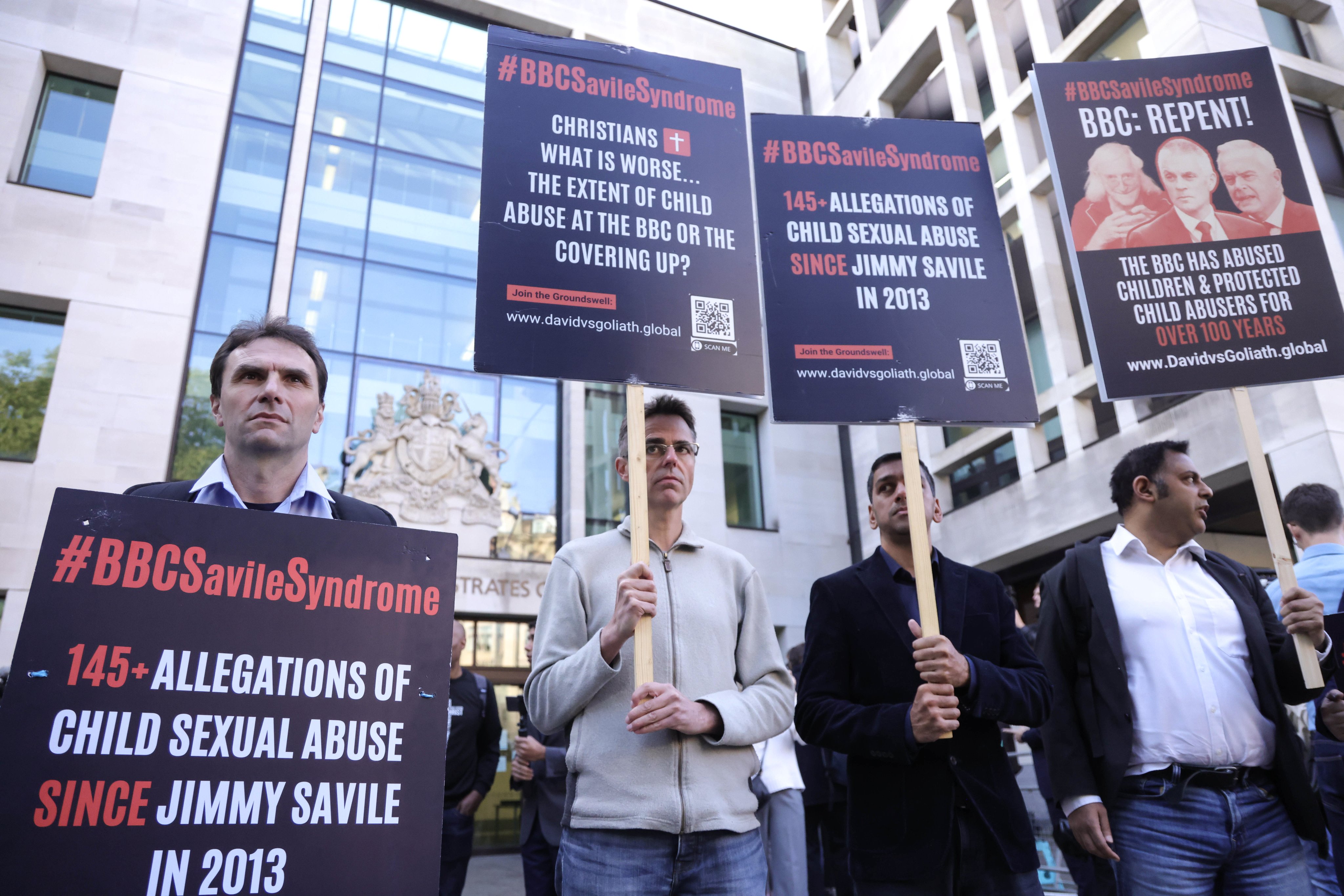Anti-BBC protesters in 2024 as former BBC news presenter Huw Edwards (not pictured) arrives at Westminster Magistrates’ Court for his sentencing hearing in London. Photo: EPA-EFE