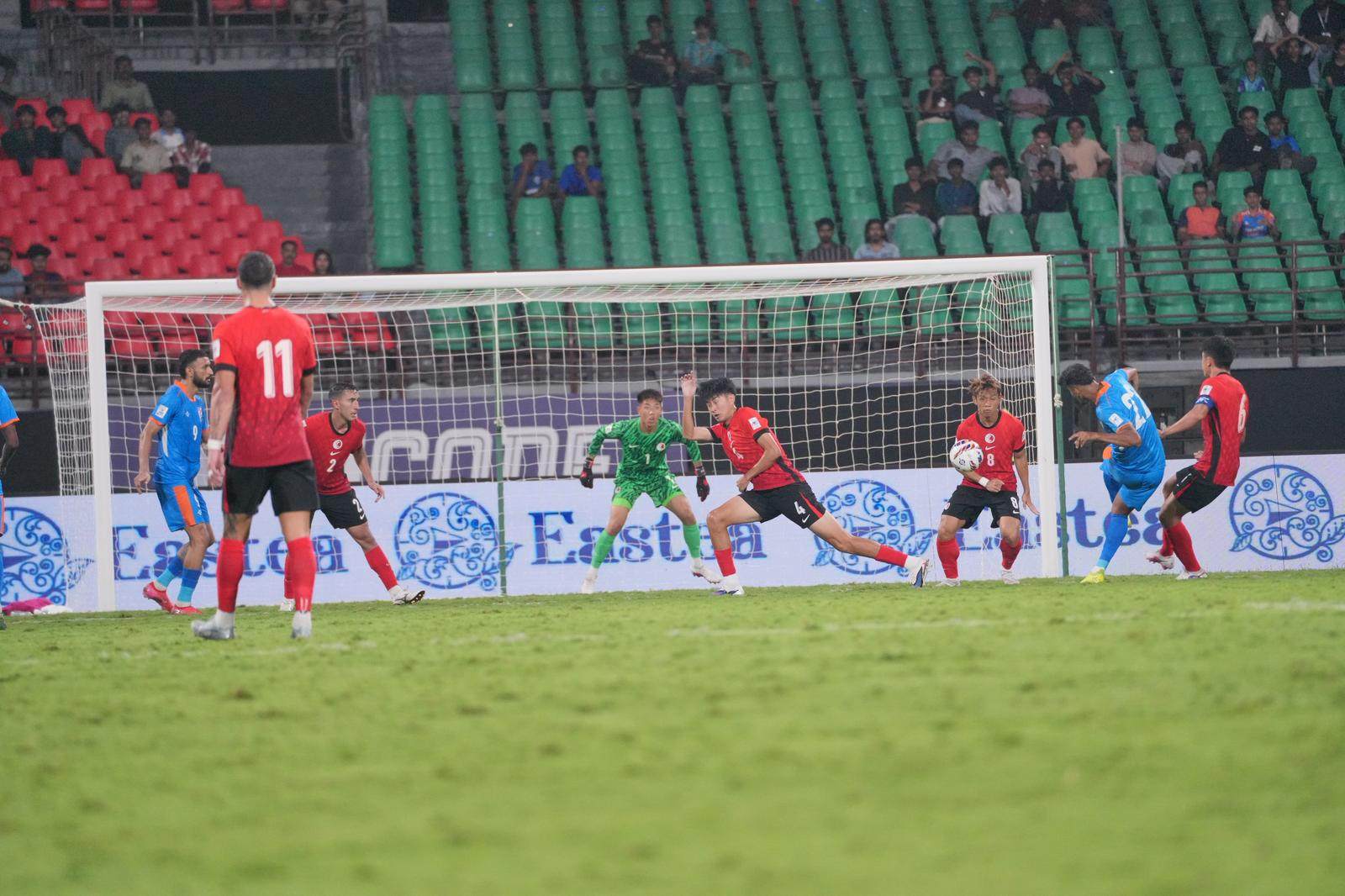 Hong Kong’s starting lineup against India (in blue) featured only four of the players that started  their previous match, a 2-1 loss to Singapore. Photo: HKFA