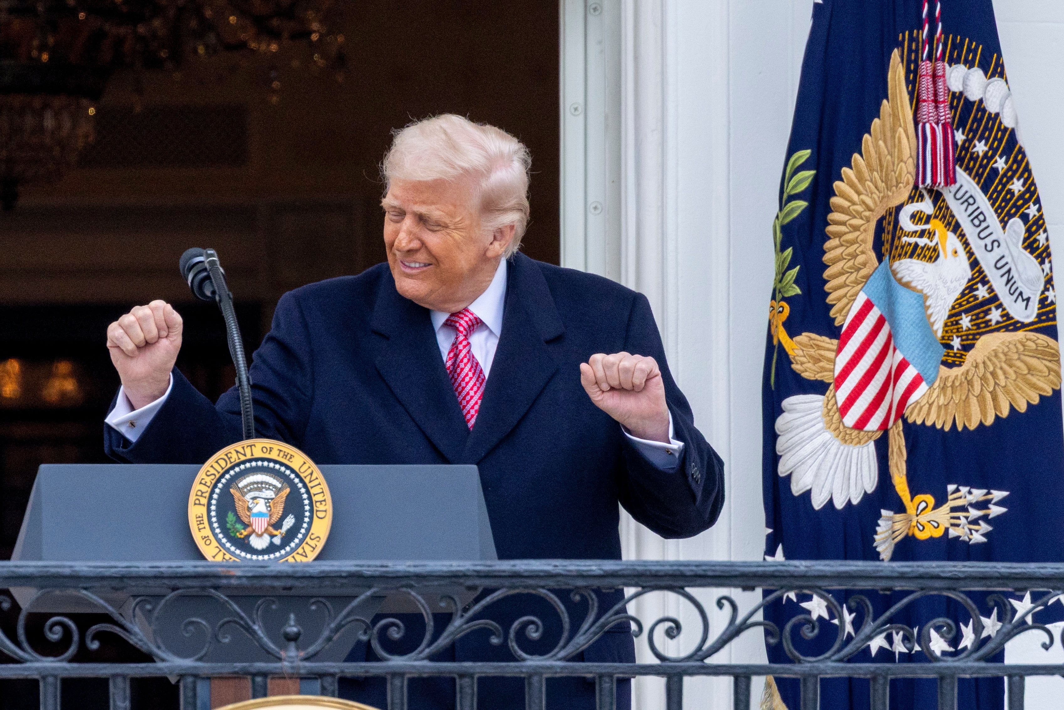 US President Donald Trump dances following his remarks to farmers and ranchers during an event on the South Lawn of the White House in Washington on Friday. Photo: EPA