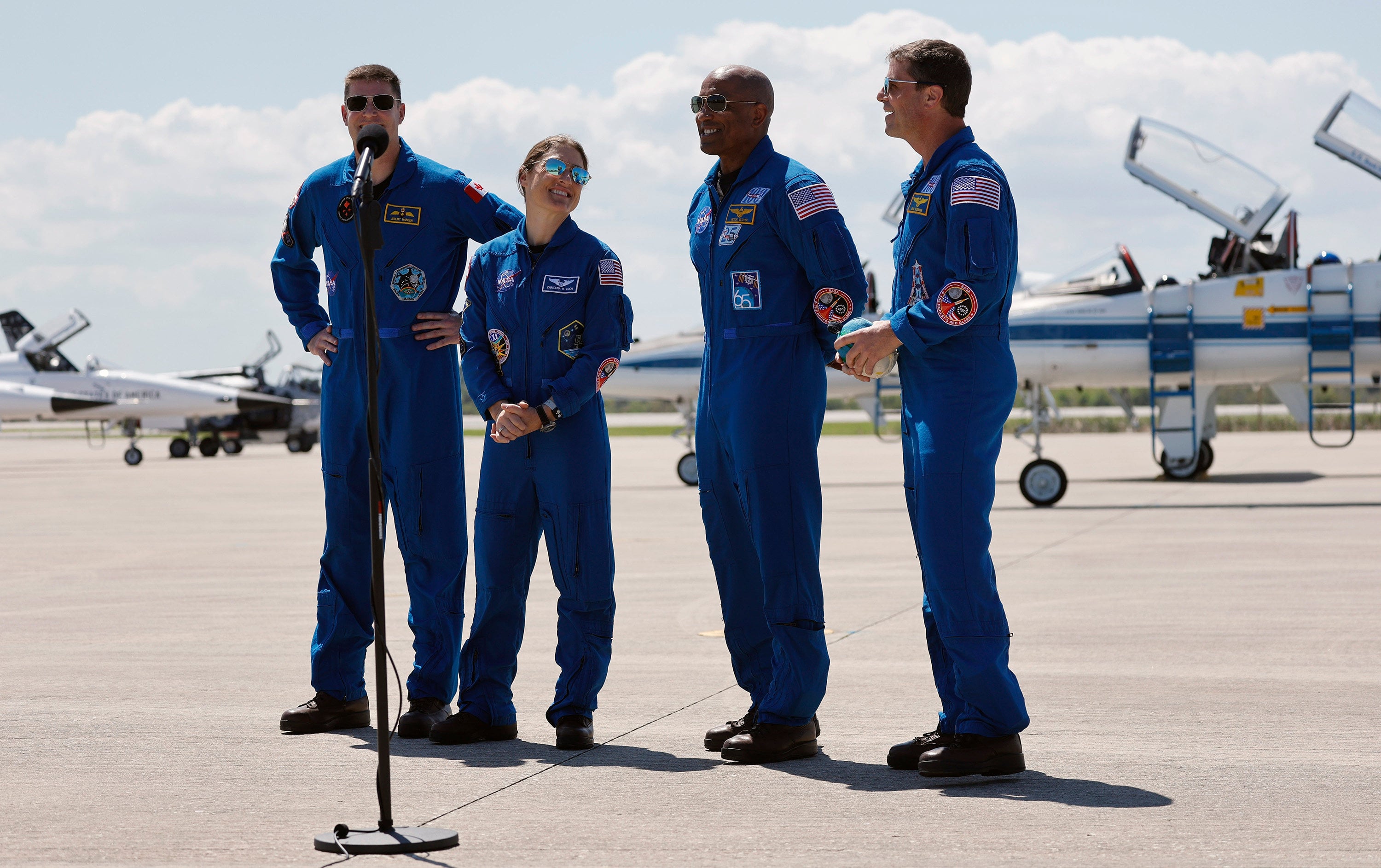 Artemis II’s crew, from left: Mission Specialists Jeremy Hansen and Christina Hammock Koch, Pilot Victor Glover and Commander Reid Wiseman on Friday, March 27, 2026. Photo: TNS