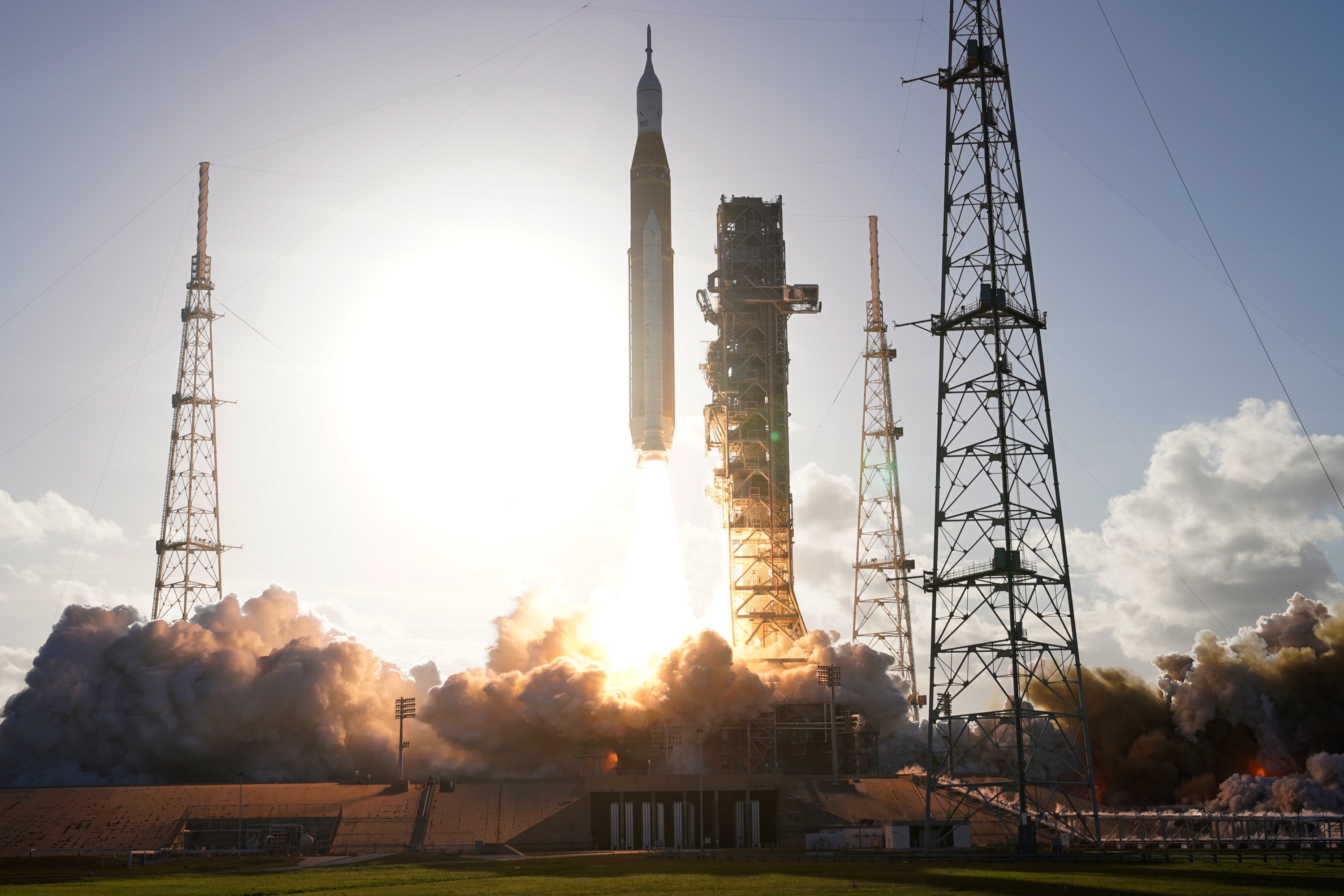 The Nasa Artemis II SLS rocket launches at the Kennedy Space Centre on Wednesday. Photo: AP