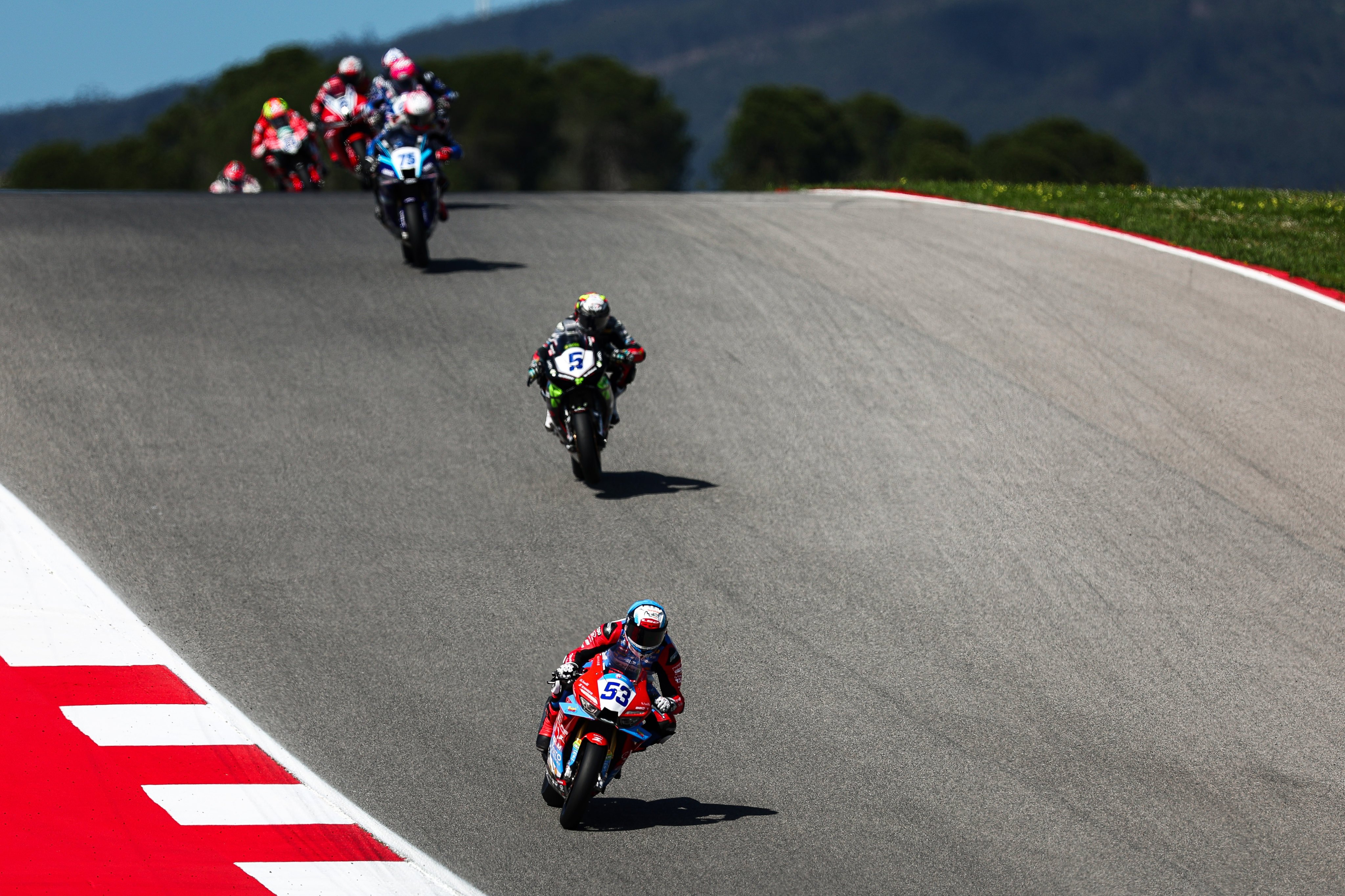 Frenchman Valentin Debise (#53) powered his ZXMOTO 820RR-RS to win both races in the WorldSSP class in Portugal. Photo: Getty Images