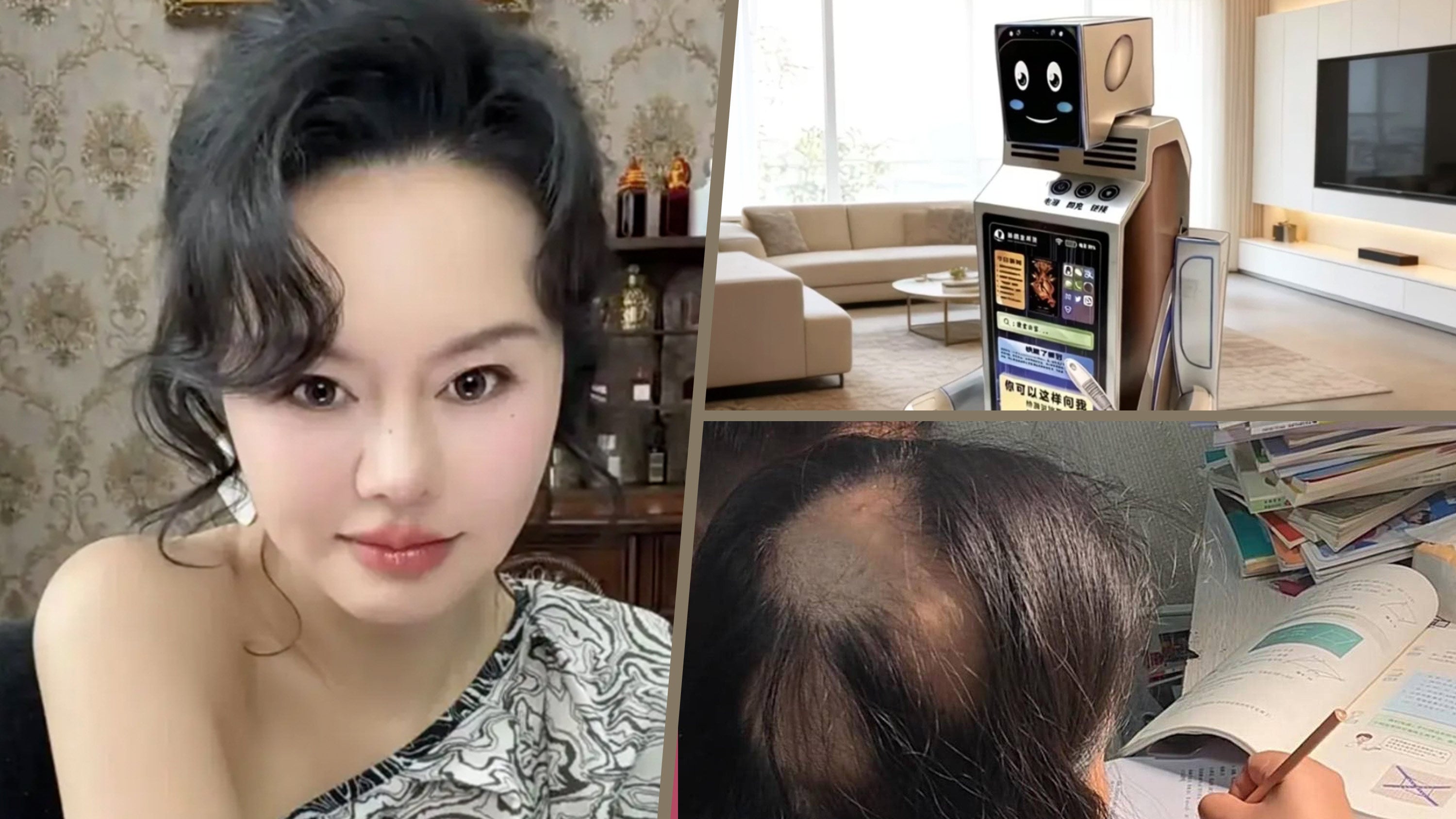In quirky news from China, the “Godmother of Sexual Intelligence” has made a comeback, a new trend of paper robot offerings for ancestors and a mother suffers severe hair loss after years spent tutoring her son. Photo: SCMP composite/Douyin/Taobao
