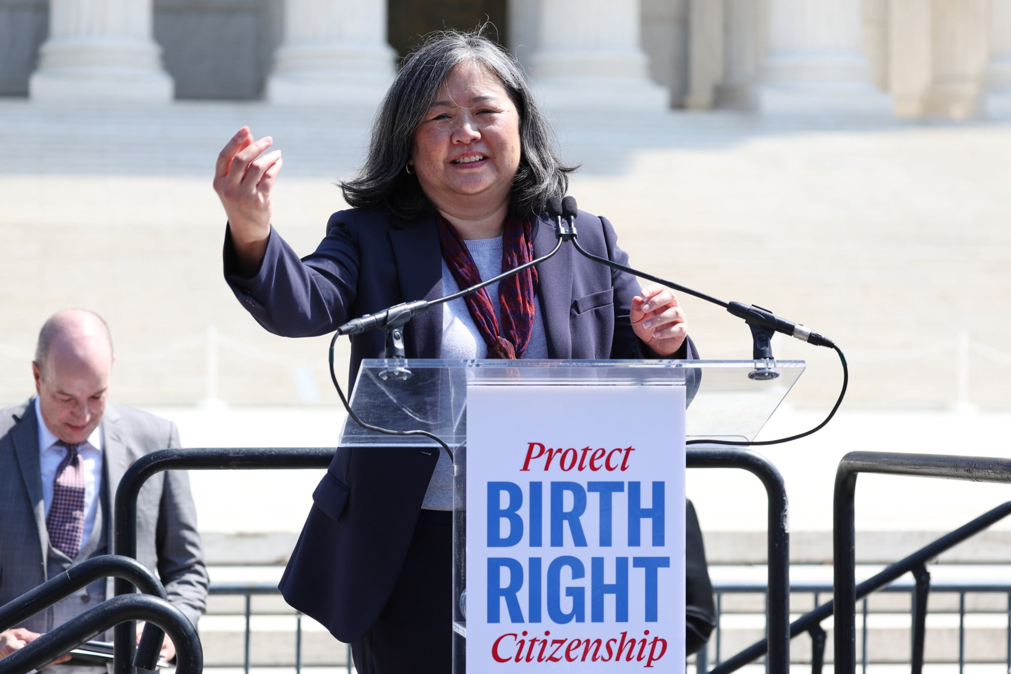 American Civil Liberties Union lawyer Cecillia Wang speaks outside the US Supreme Court on Wednesday. Photo: AP