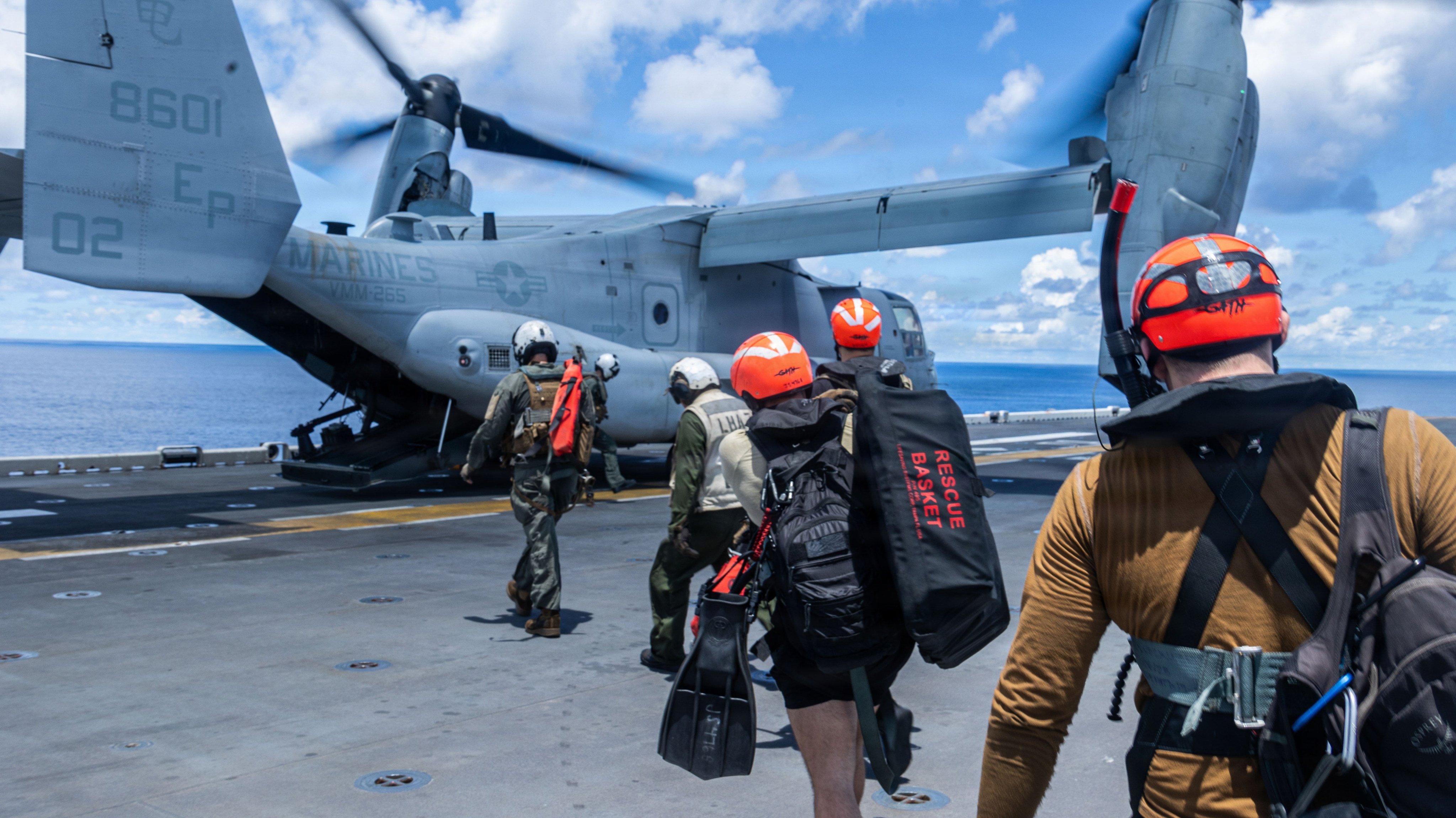 US Navy sailors load onto an MV-22B Osprey during an exercise aboard the forward-deployed amphibious assault ship USS Tripoli on March 26.
The Tripoli arrived in the Middle East last week. Photo: Handout