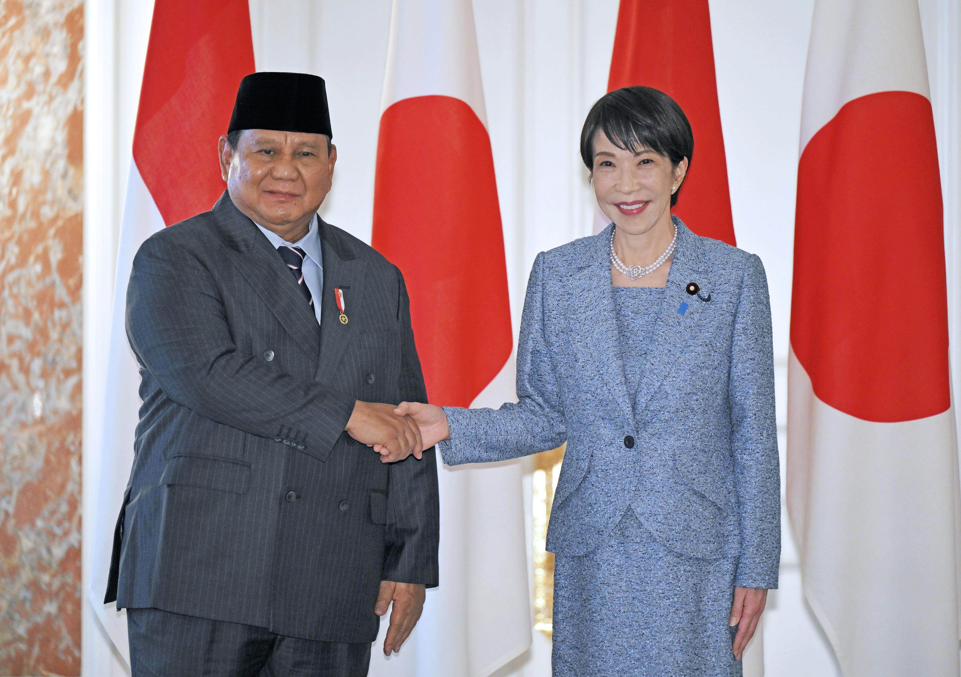 Japanese Prime Minister Sanae Takaichi meets Indonesian President Prabowo Subianto in Tokyo on Tuesday. Prabowo has invited Japan to develop Indonesia’s nuclear and renewable energy. Photo: Kyodo