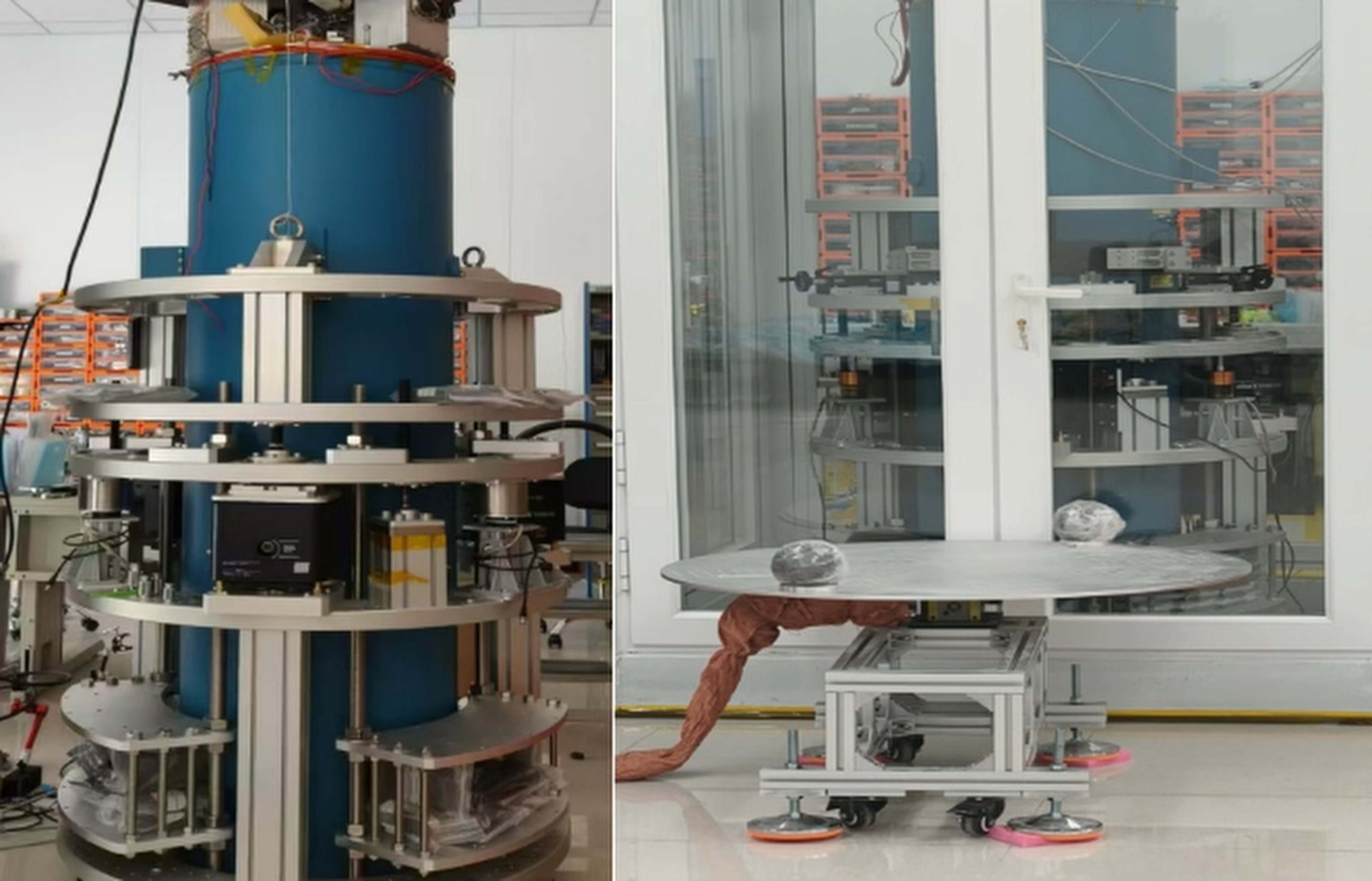 Caption: The superconducting weak force measurement system (left) and a test device built with two 10 kg spheres. Photo: CAS